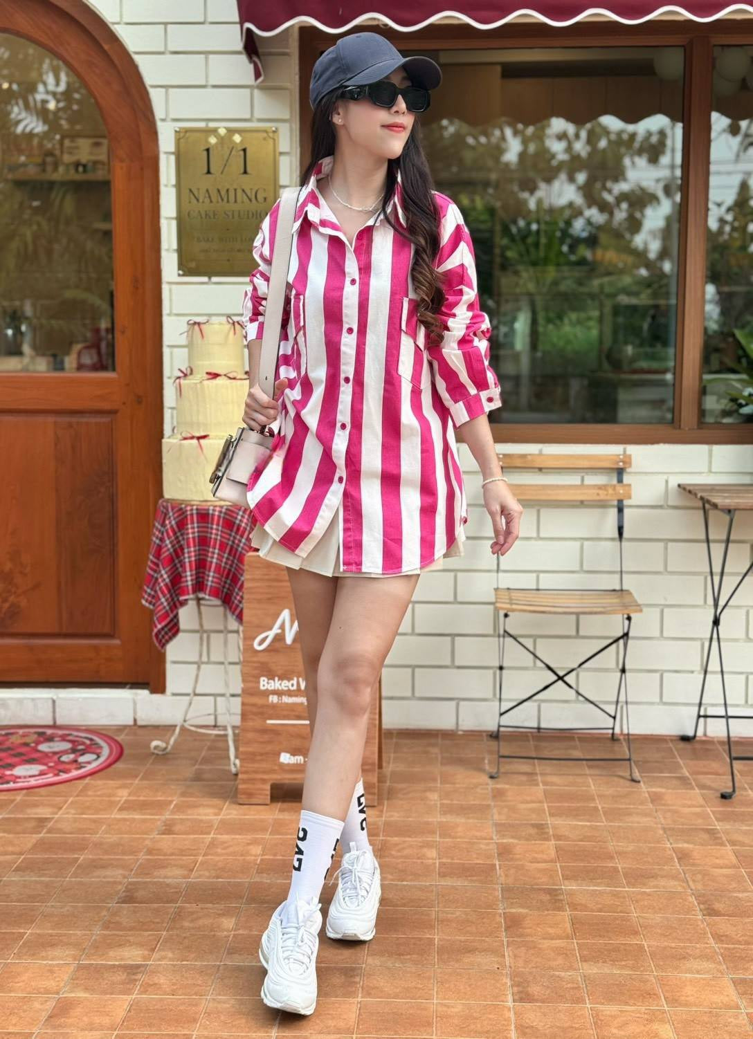 Hot Pink-White Bold Striped Oversized Light Denim Shirt