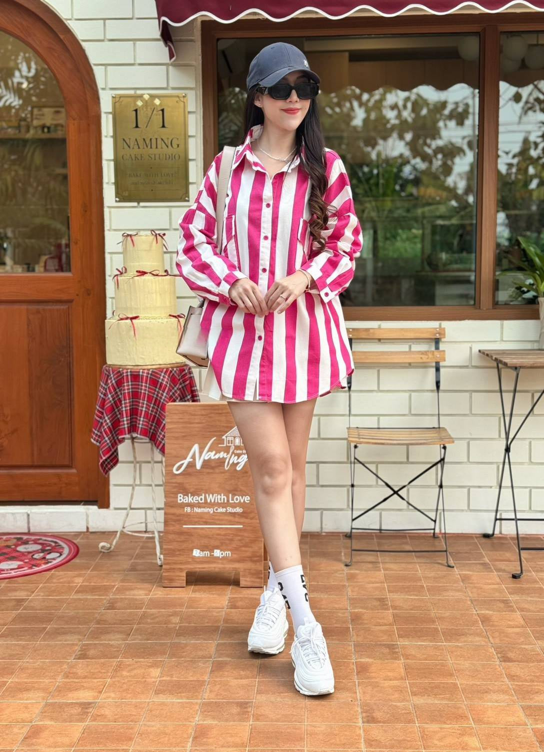 Hot Pink-White Bold Striped Oversized Light Denim Shirt