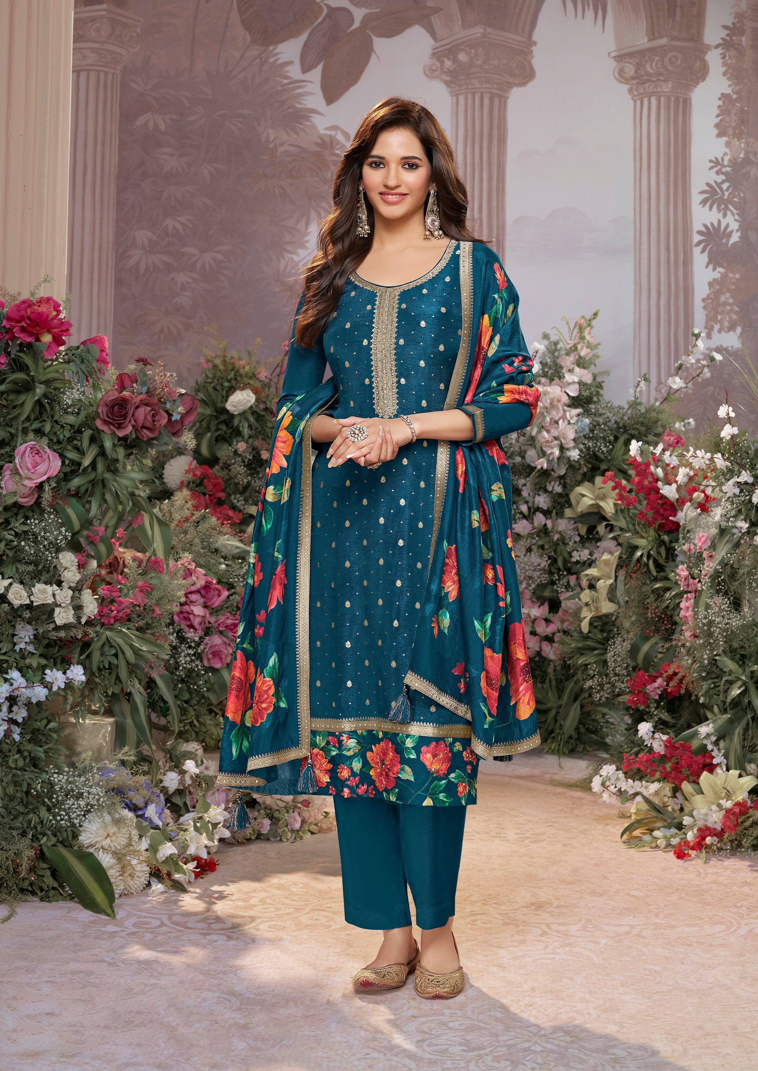 Deep Teal Embellished Brocade Silk Pant Set