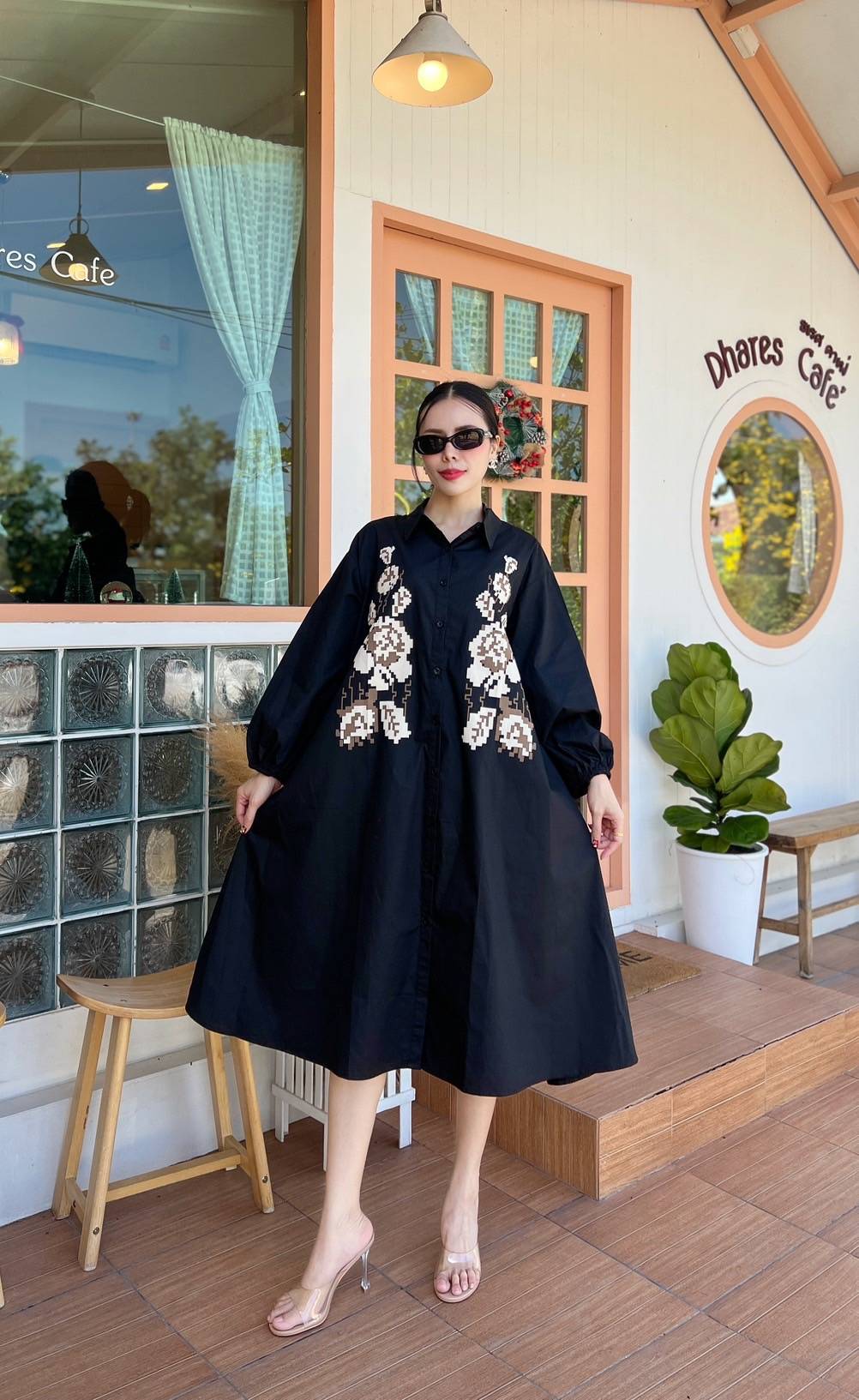 Black 3D Patchwork Oversized Cotton Shirt Dress