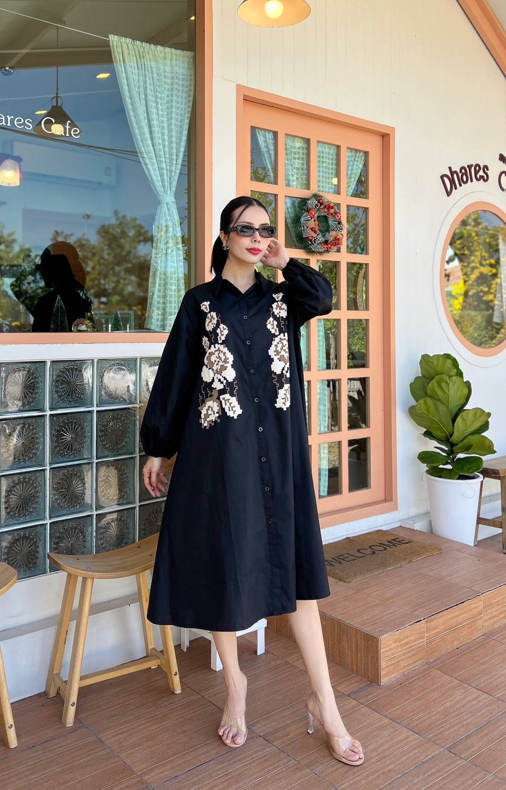 Black 3D Patchwork Oversized Cotton Shirt Dress