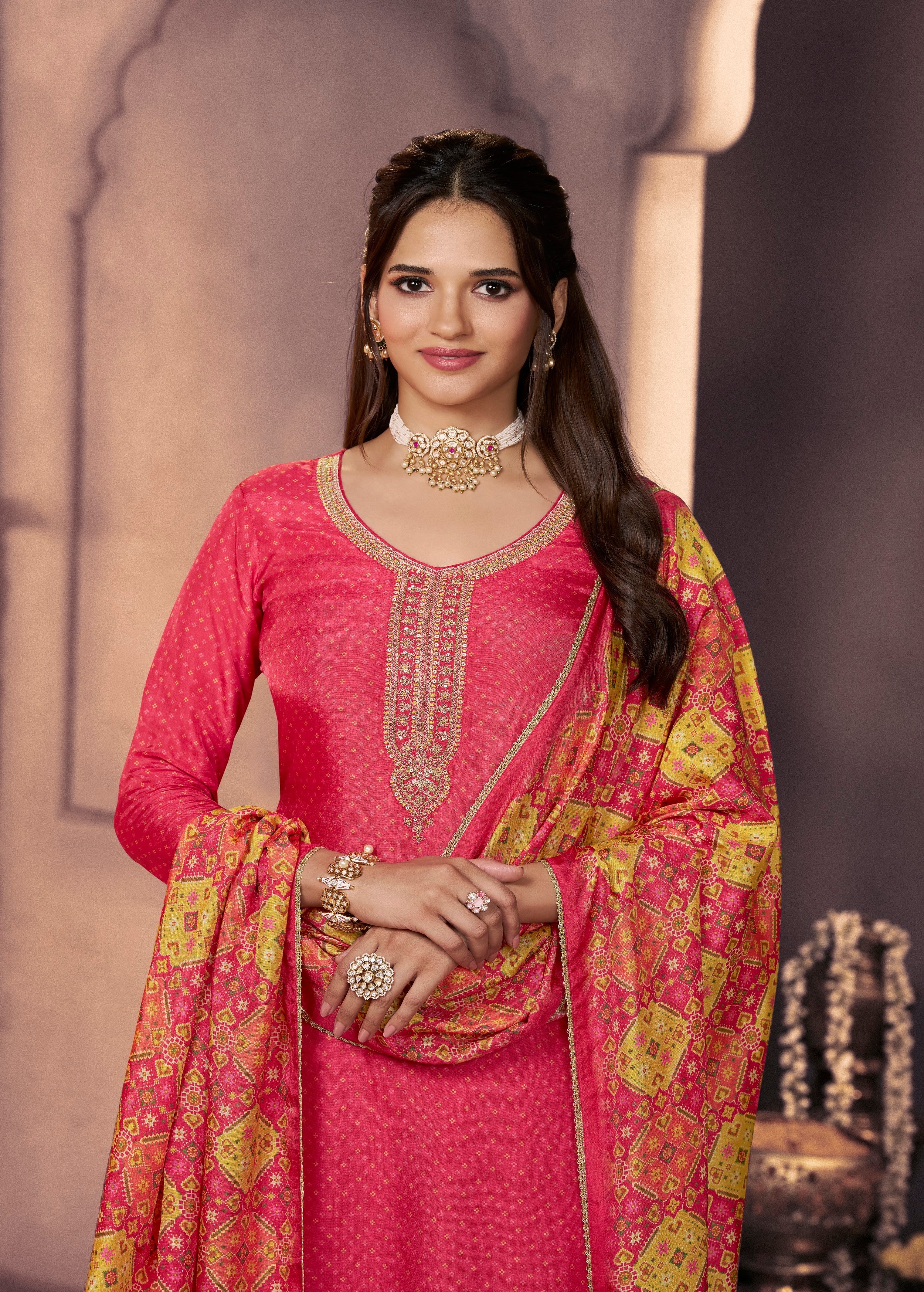 Vibrant Pink Printed Dola Silk Pant Set