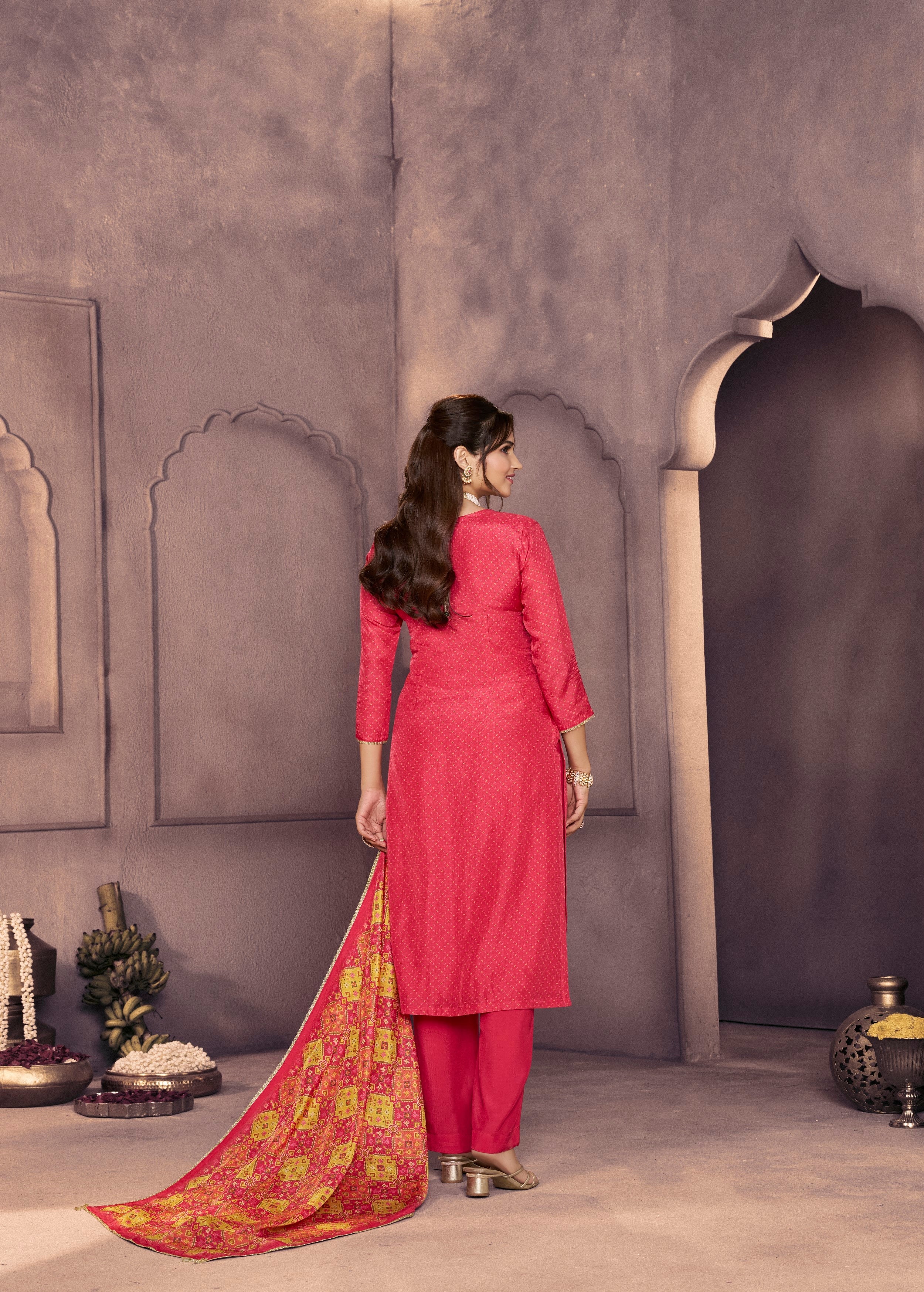 Vibrant Pink Printed Dola Silk Pant Set