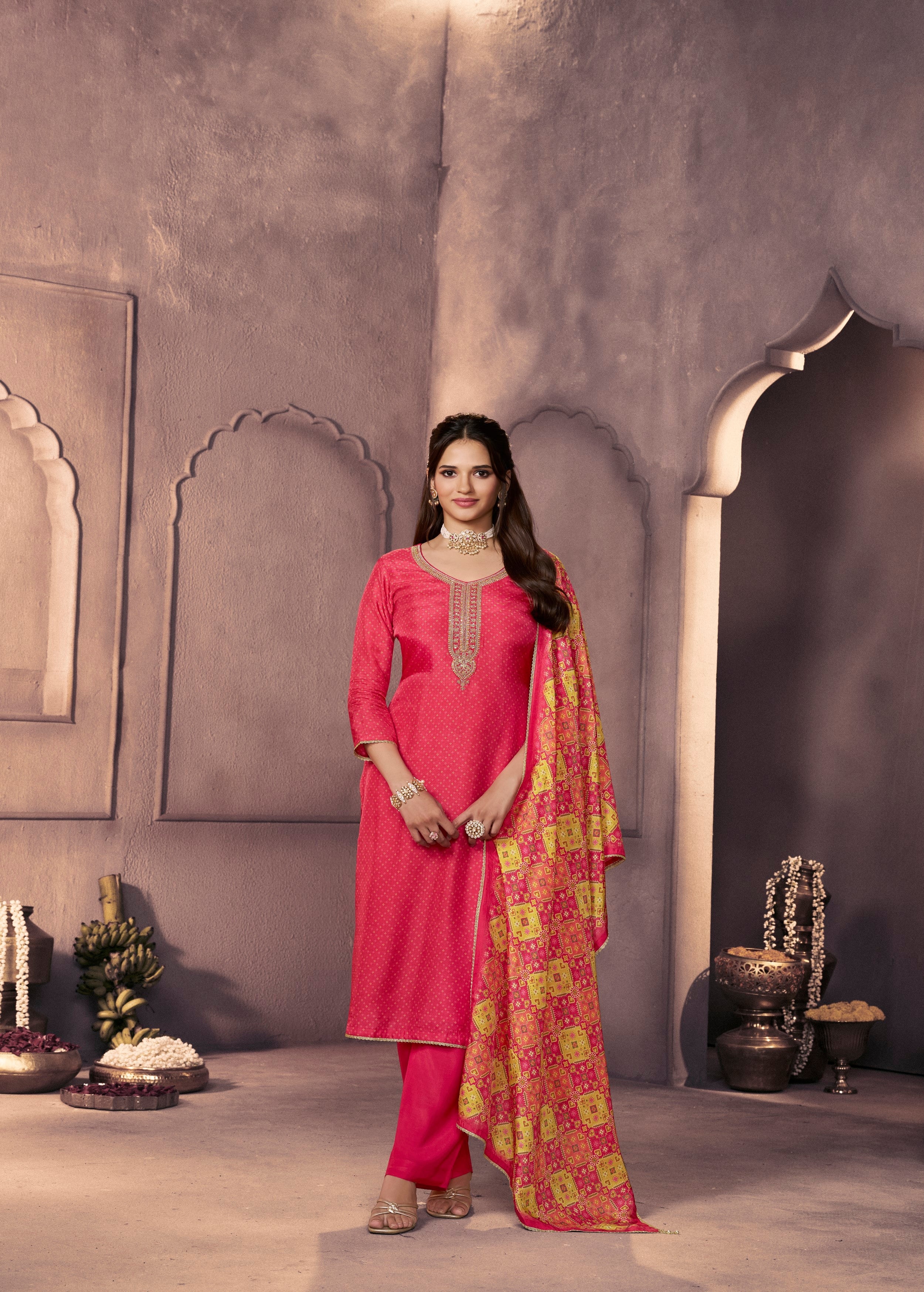 Vibrant Pink Printed Dola Silk Pant Set