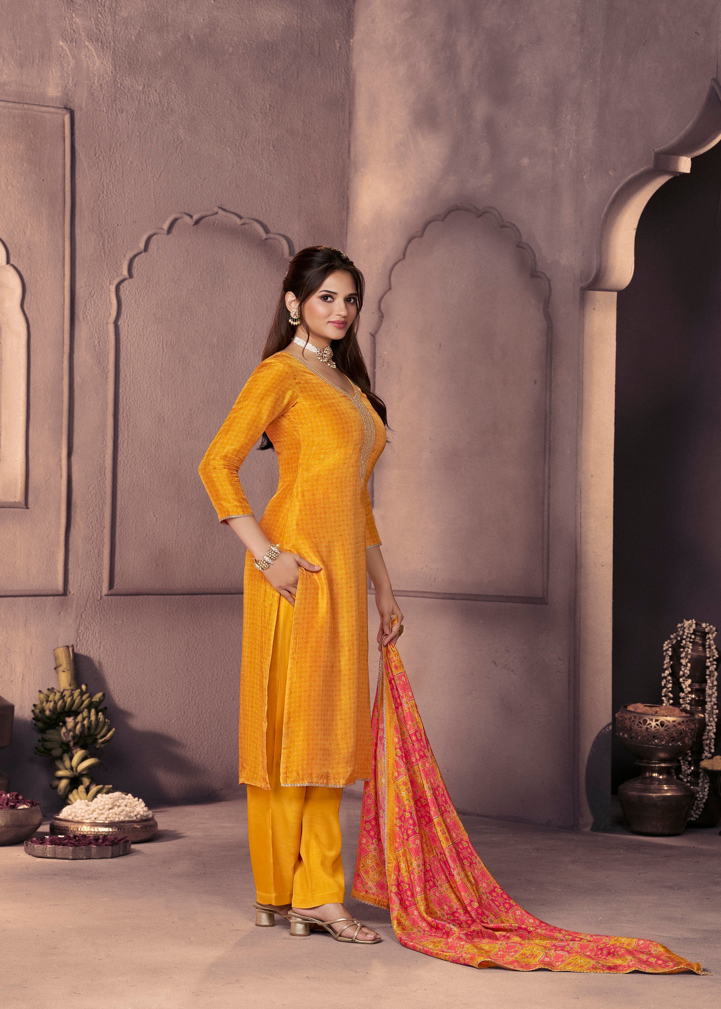 Deep Yellow Printed Dola Silk Pant Set