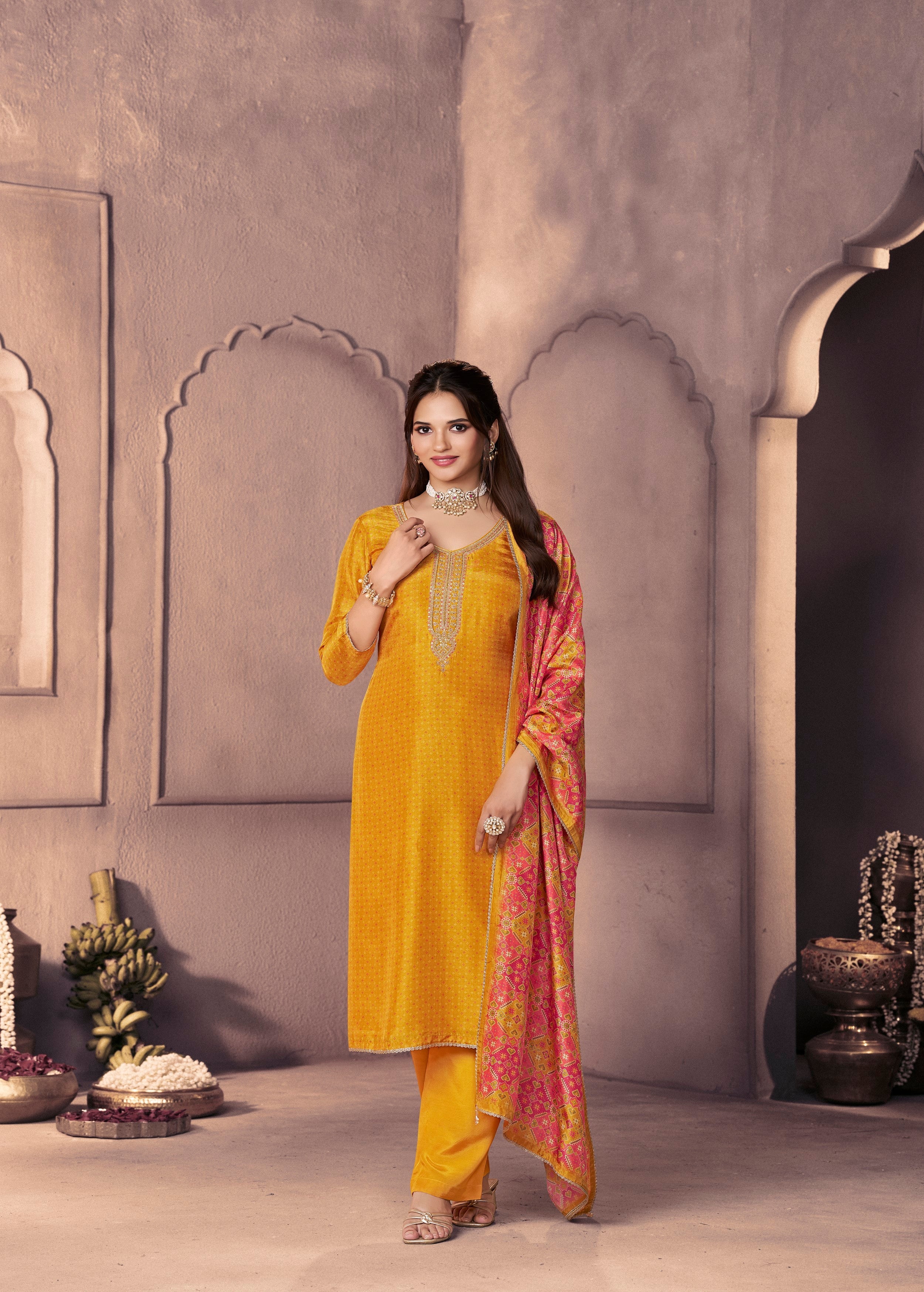 Deep Yellow Printed Dola Silk Pant Set