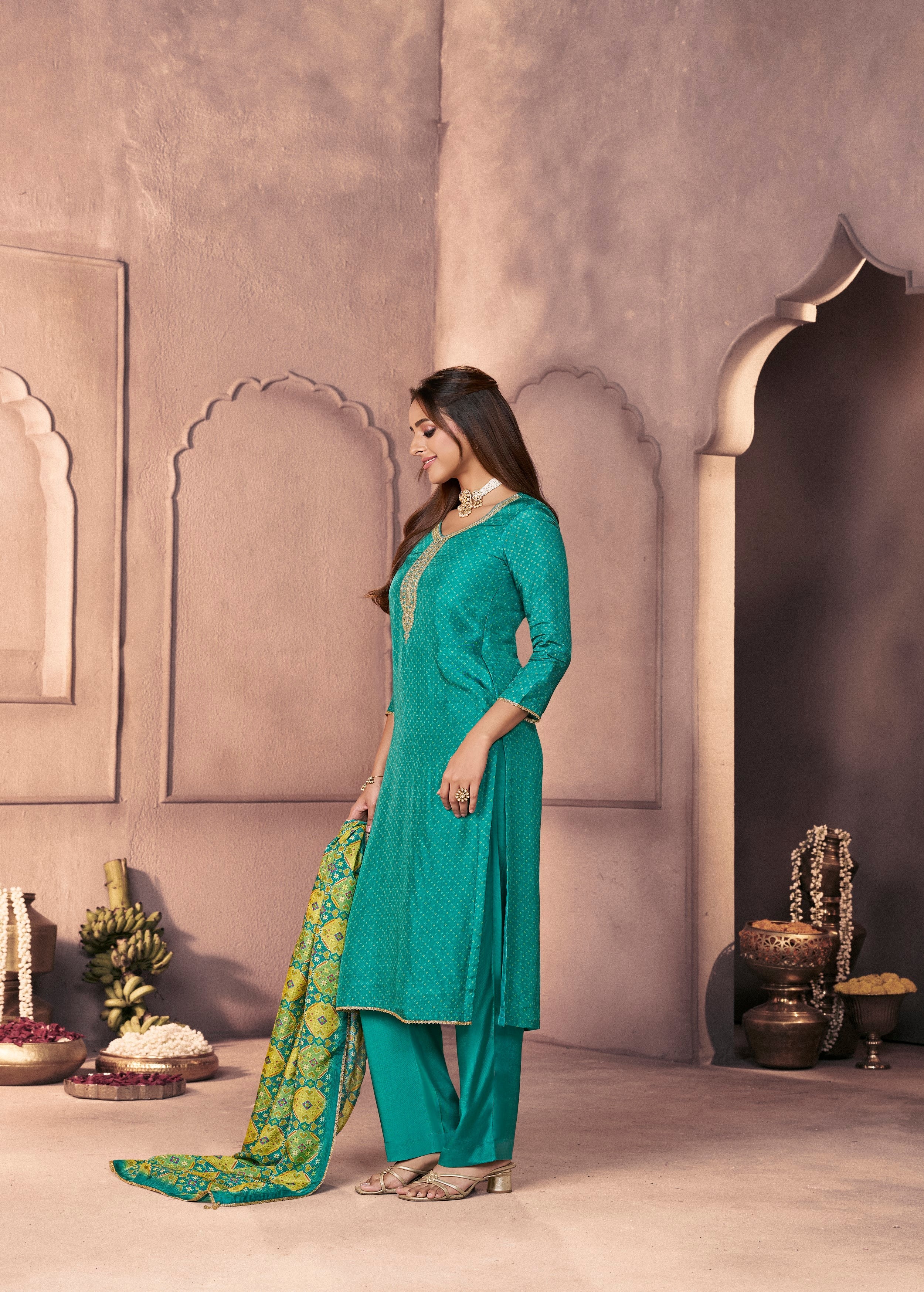 Teal Green Printed Dola Silk Pant Set