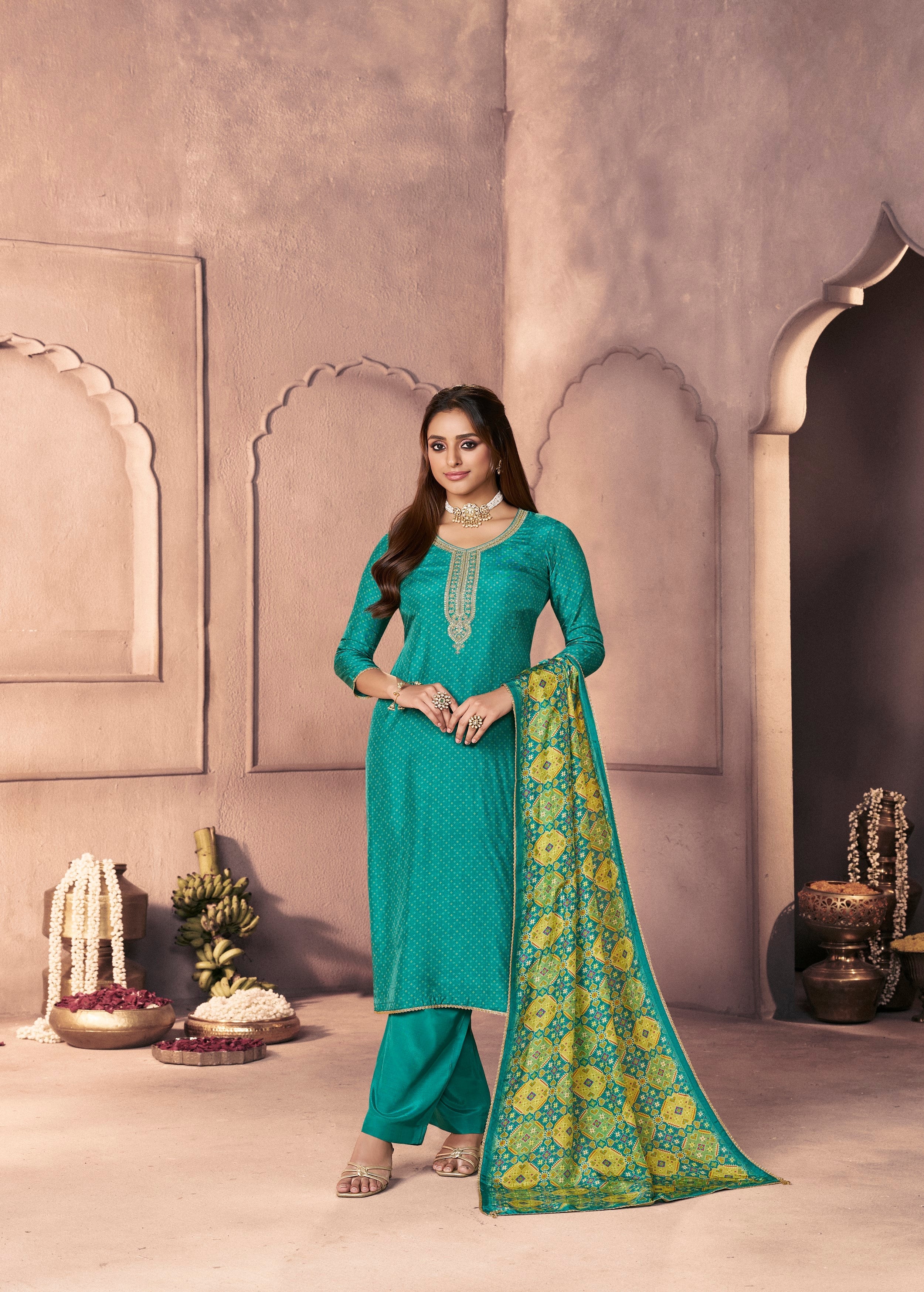 Teal Green Printed Dola Silk Pant Set