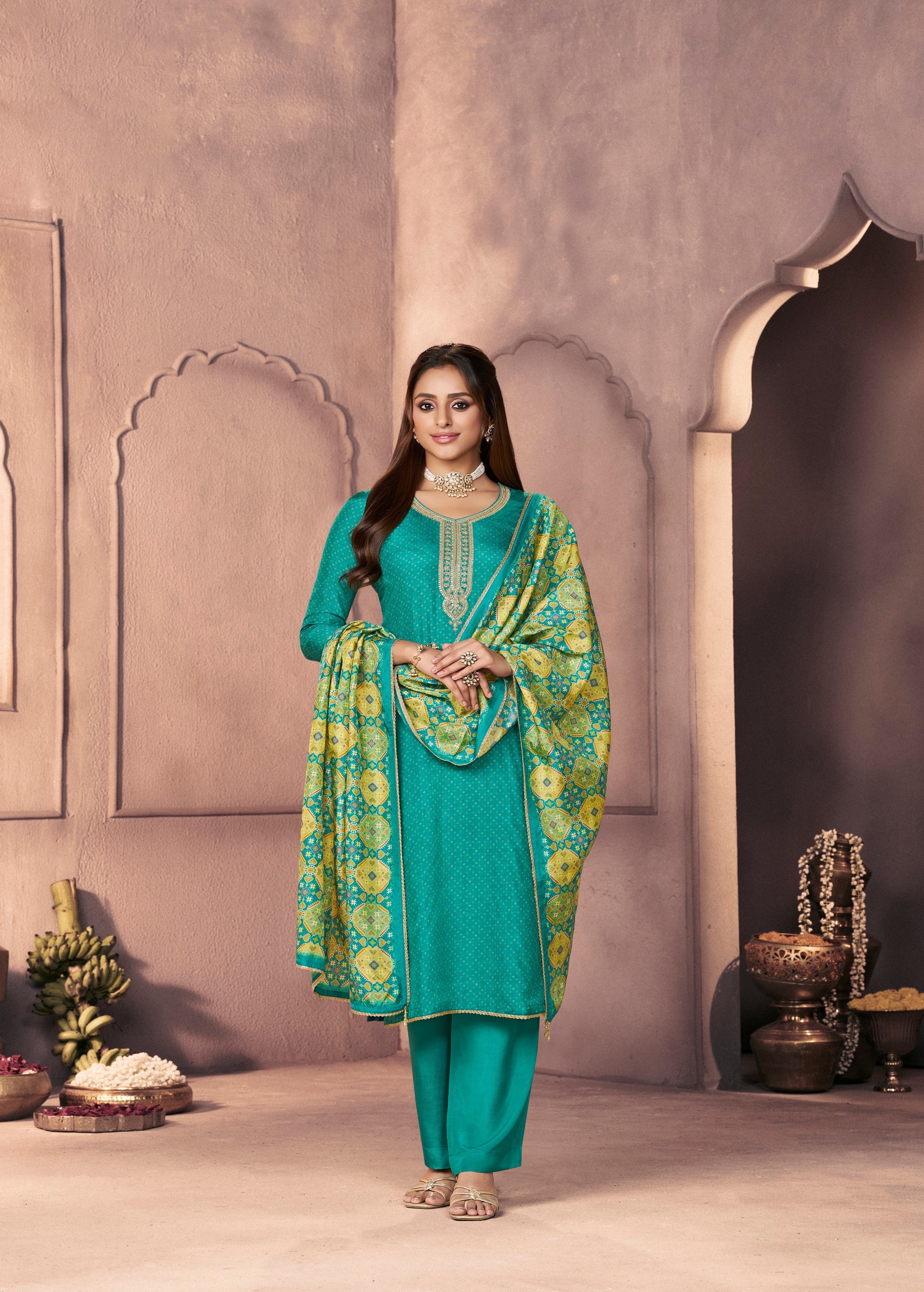 Teal Green Printed Dola Silk Pant Set