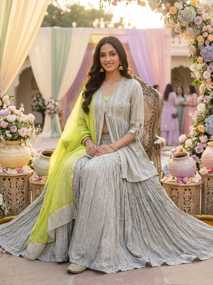 Powder Grey Printed Chanderi Silk Sharara Set