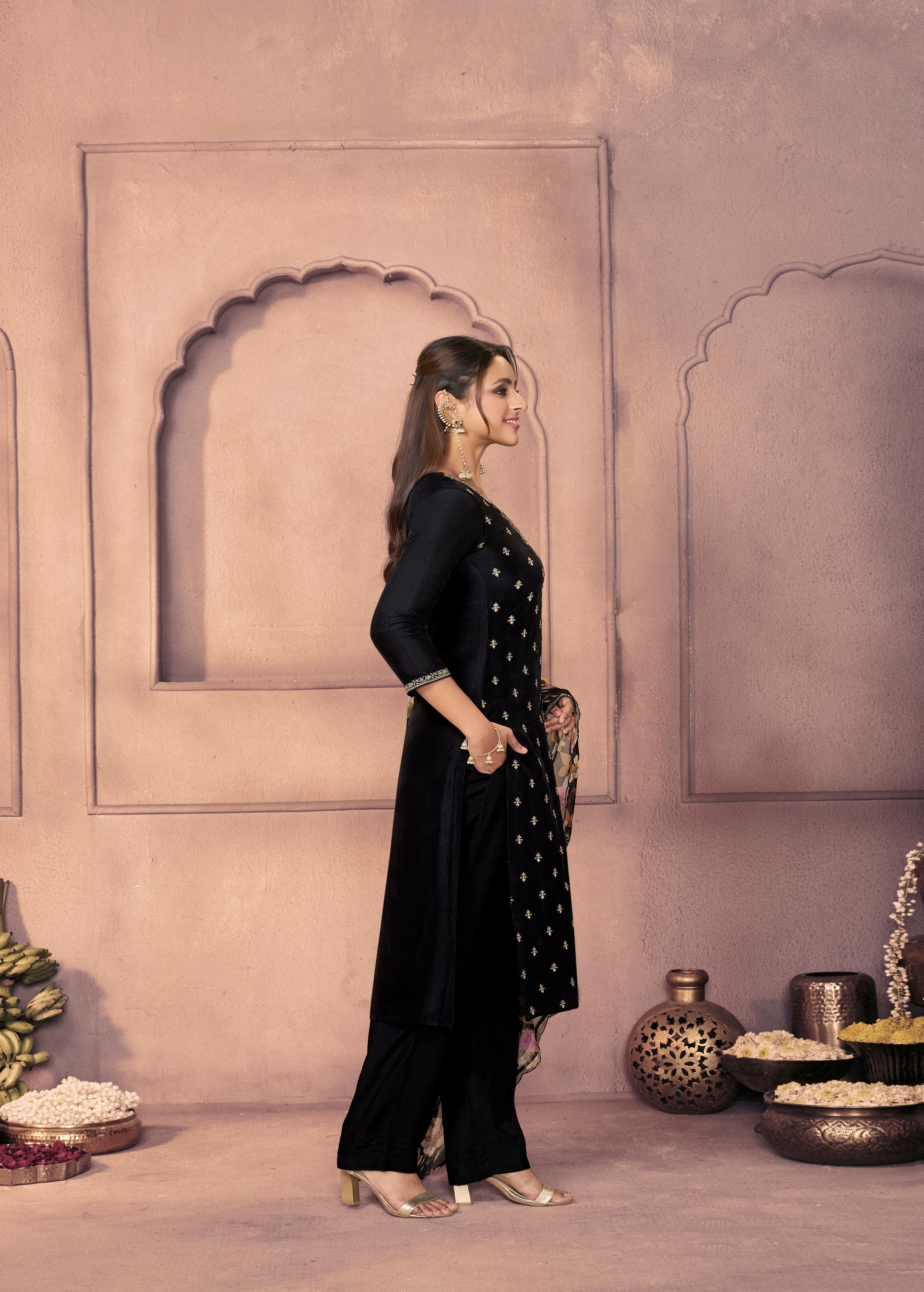 Classic Black Embellished Dola Silk Pant Set