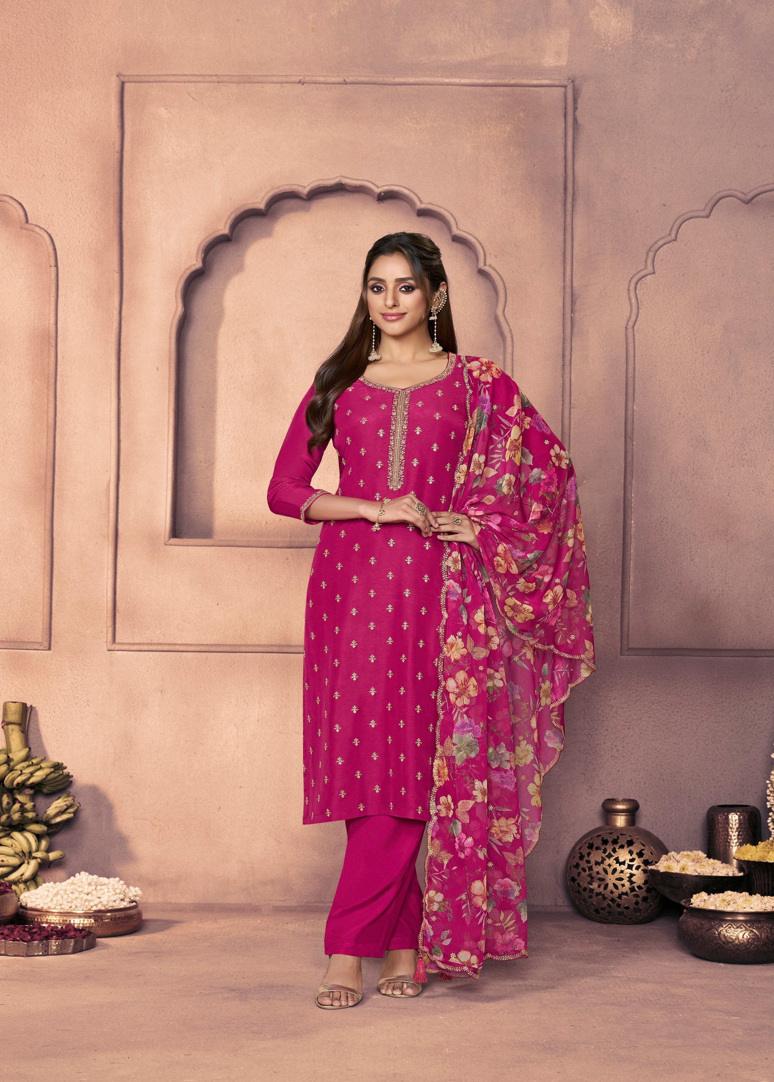 Rani Pink Embellished Dola Silk Pant Set