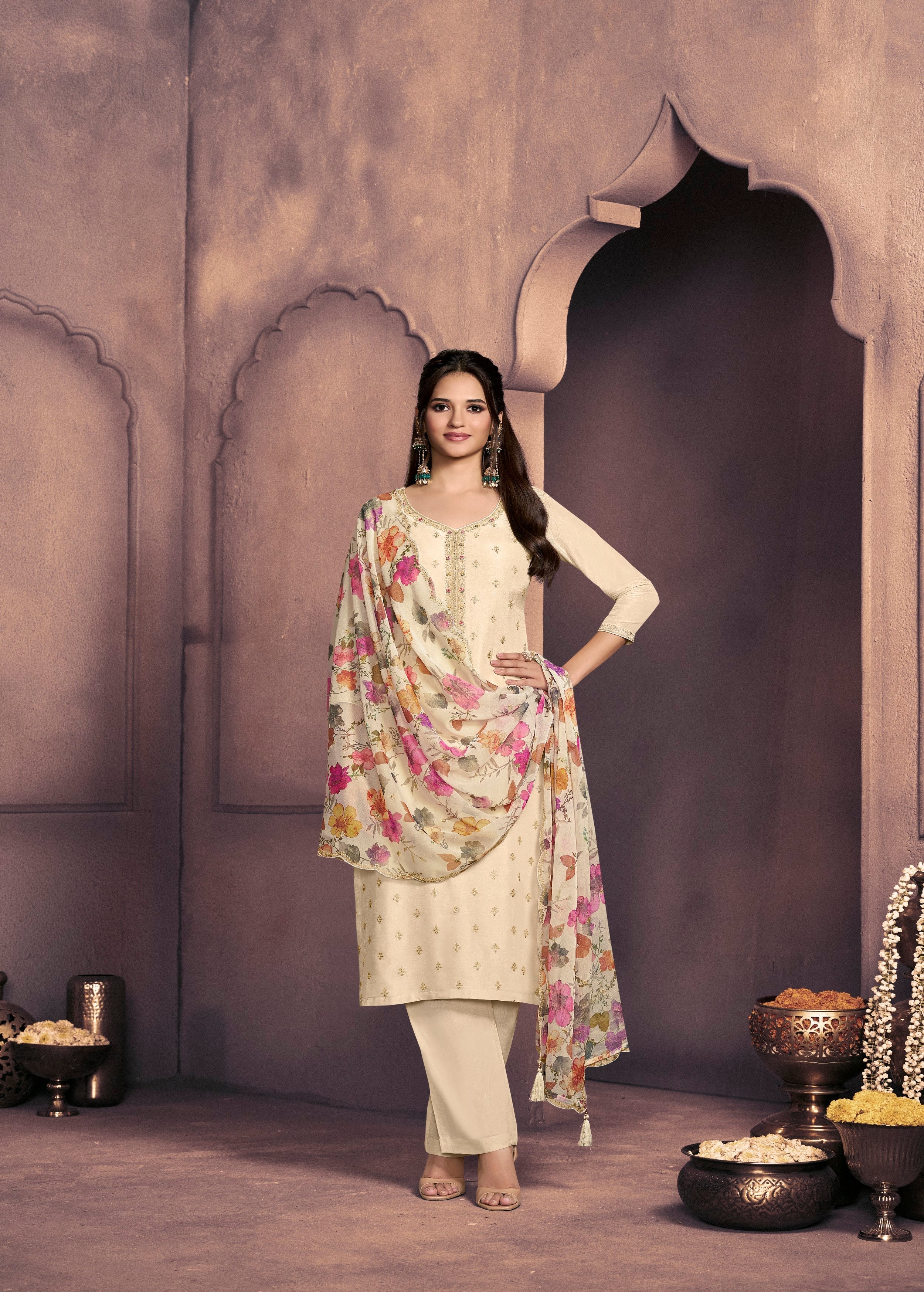 Cream White Embellished Dola Silk Pant Set