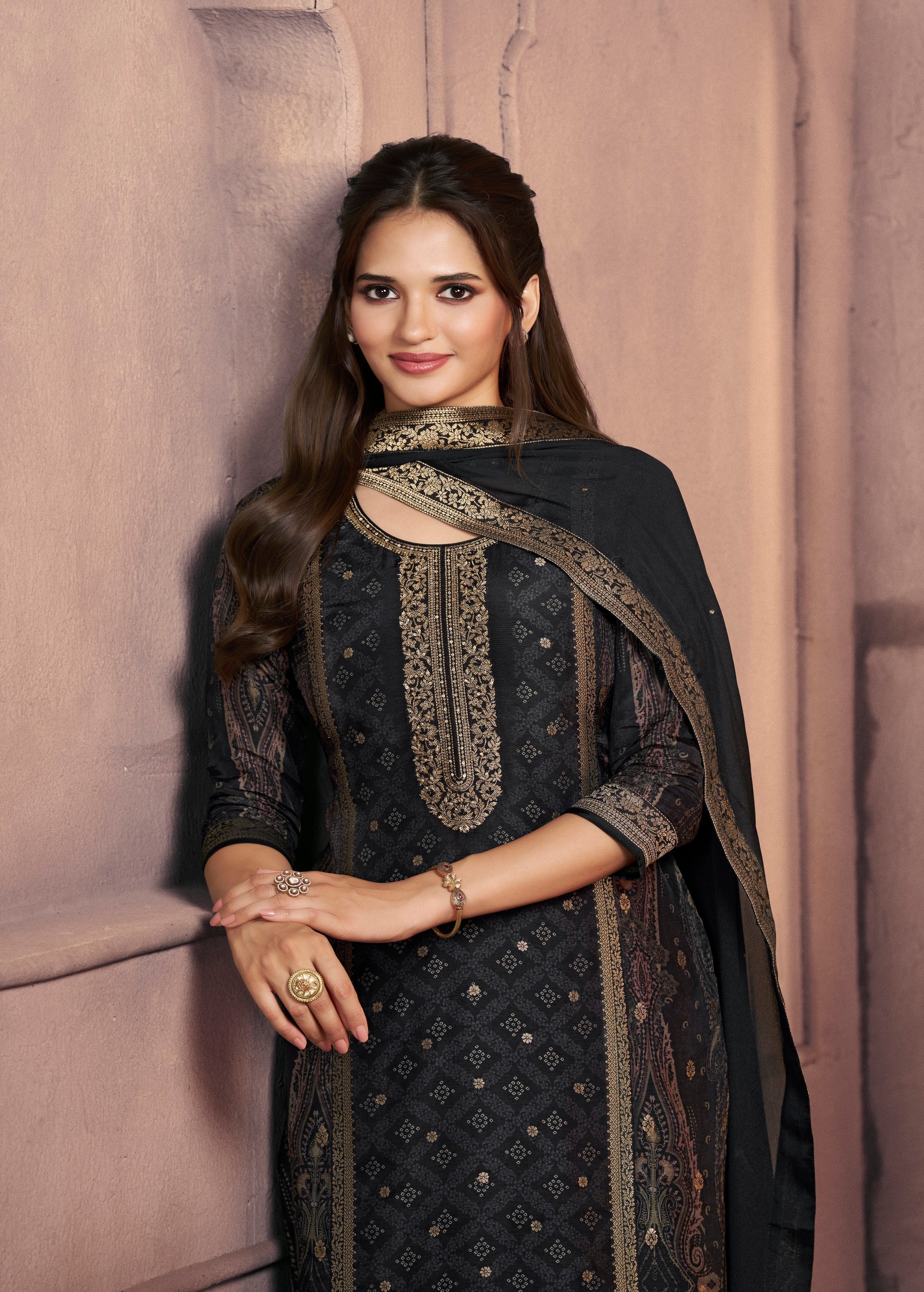 Jet Black Embellished Dola Silk Pant Set