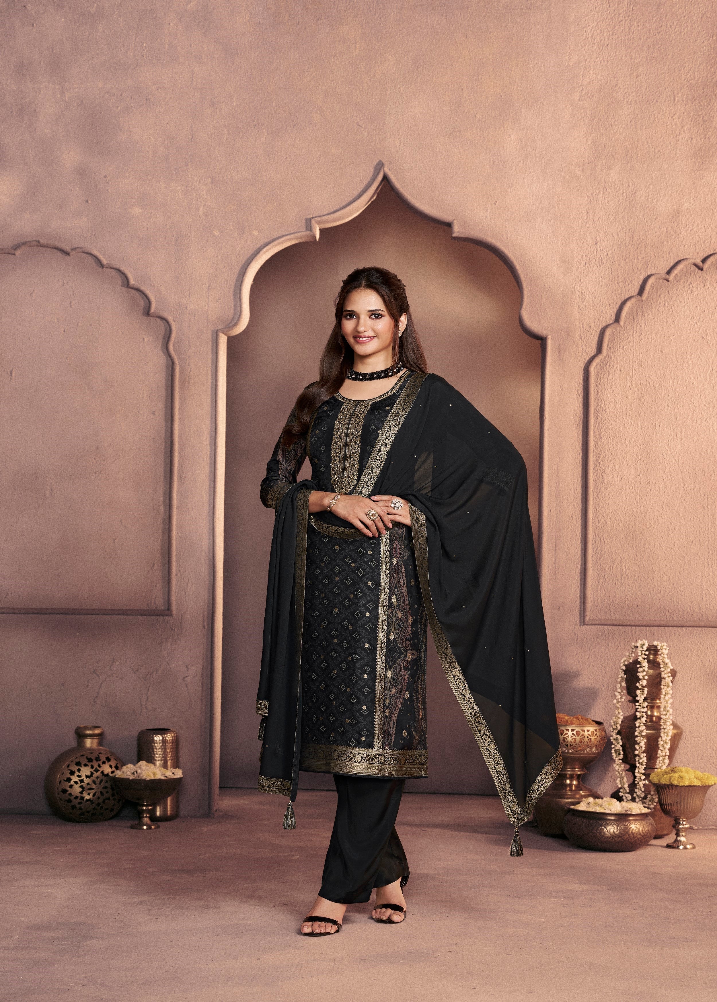 Jet Black Embellished Dola Silk Pant Set