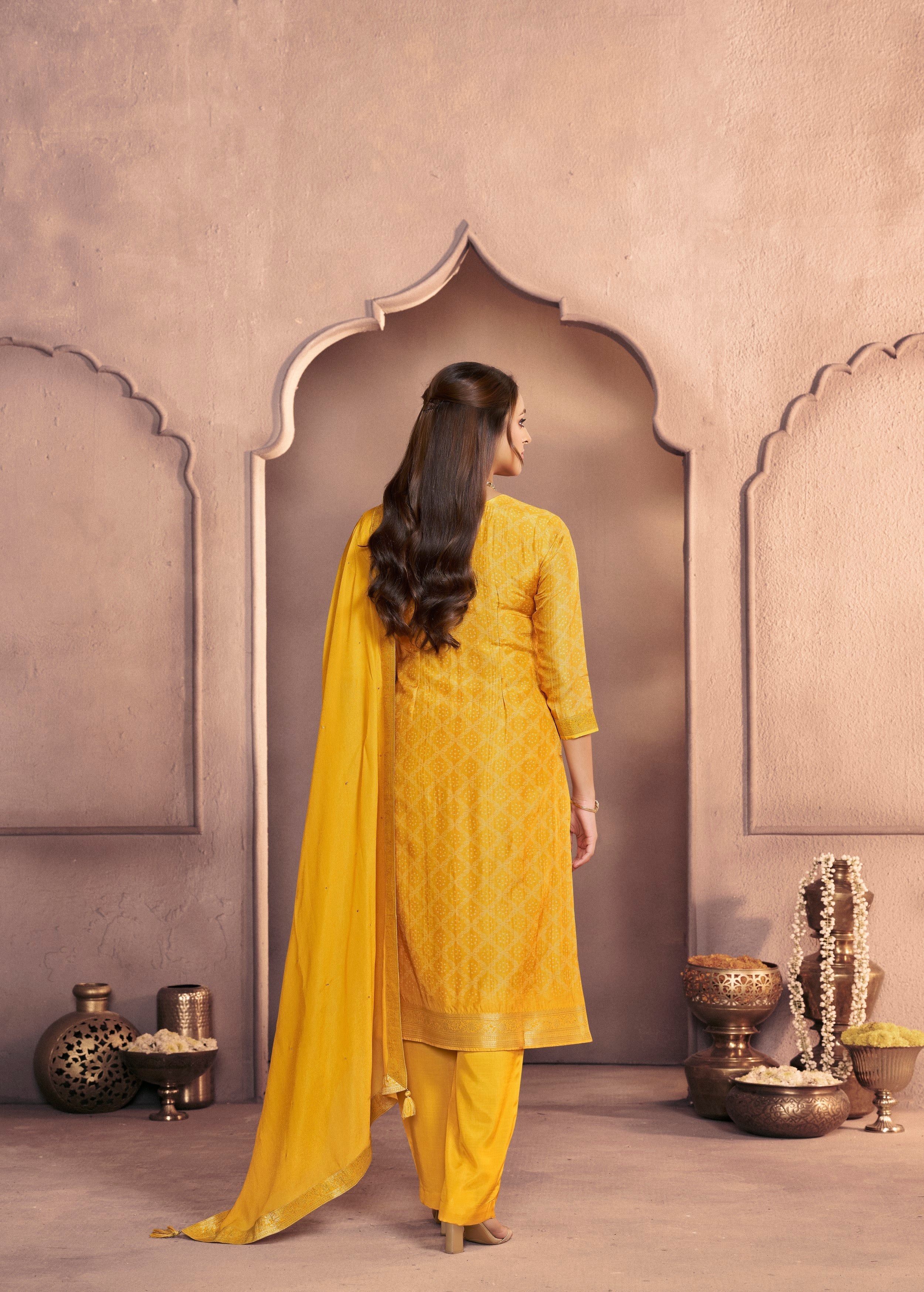 Turmeric Yellow Printed Dola Silk Pant Set