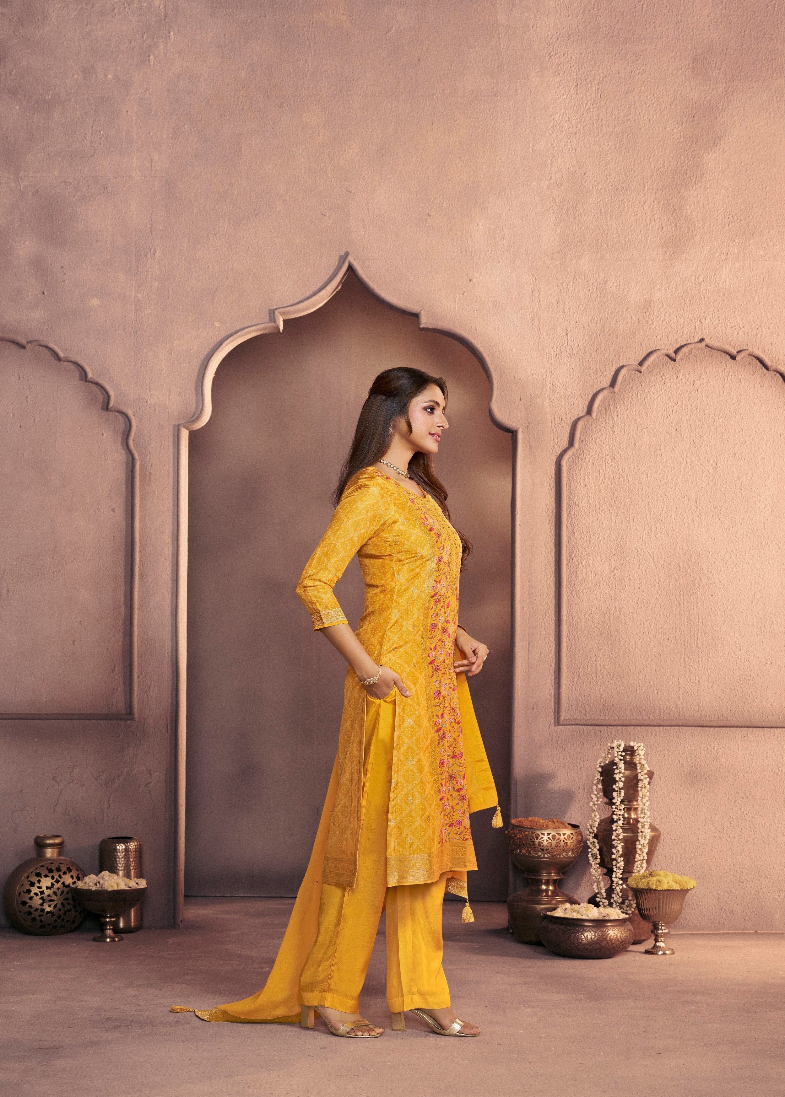 Turmeric Yellow Printed Dola Silk Pant Set