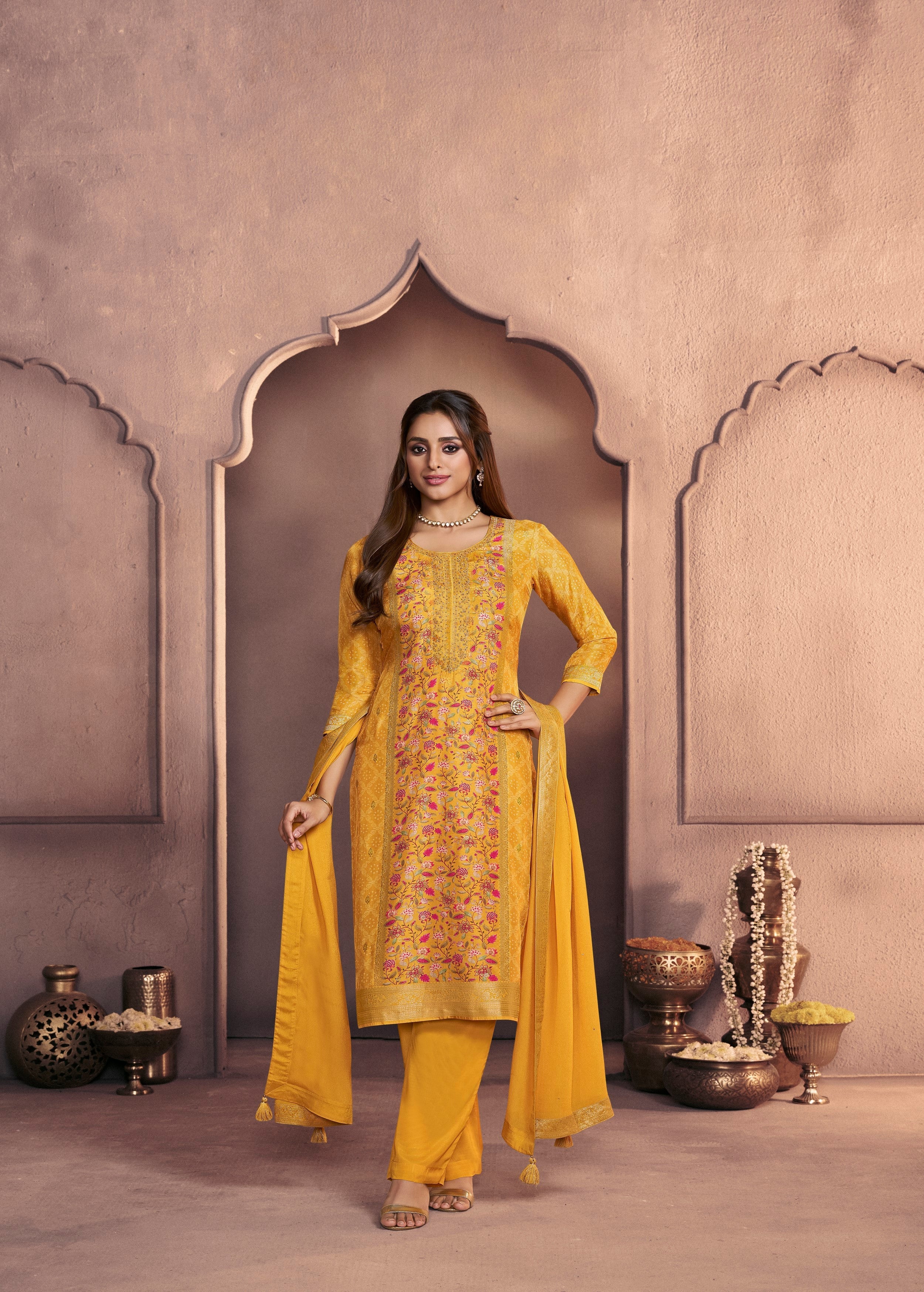 Turmeric Yellow Printed Dola Silk Pant Set