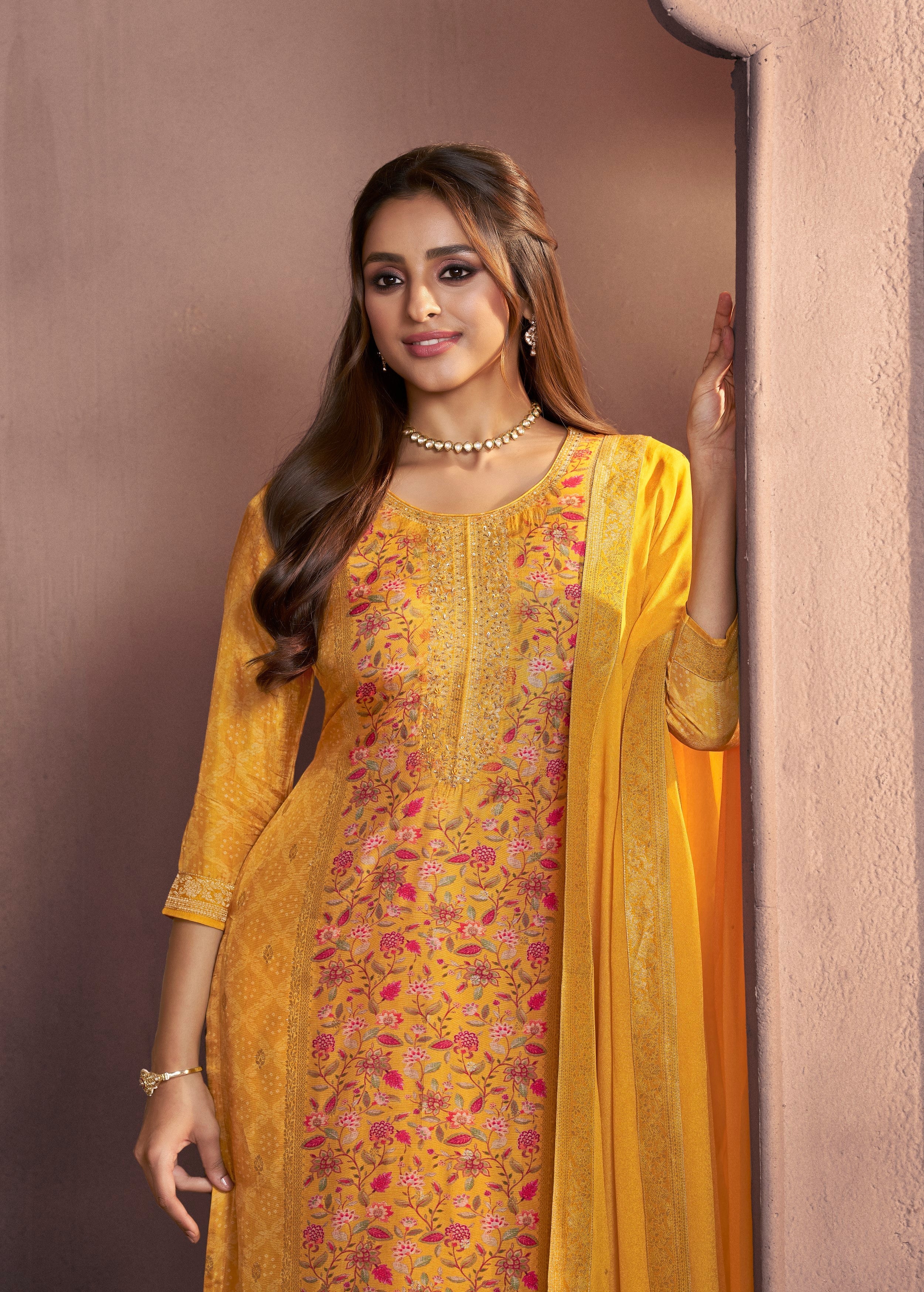 Turmeric Yellow Printed Dola Silk Pant Set