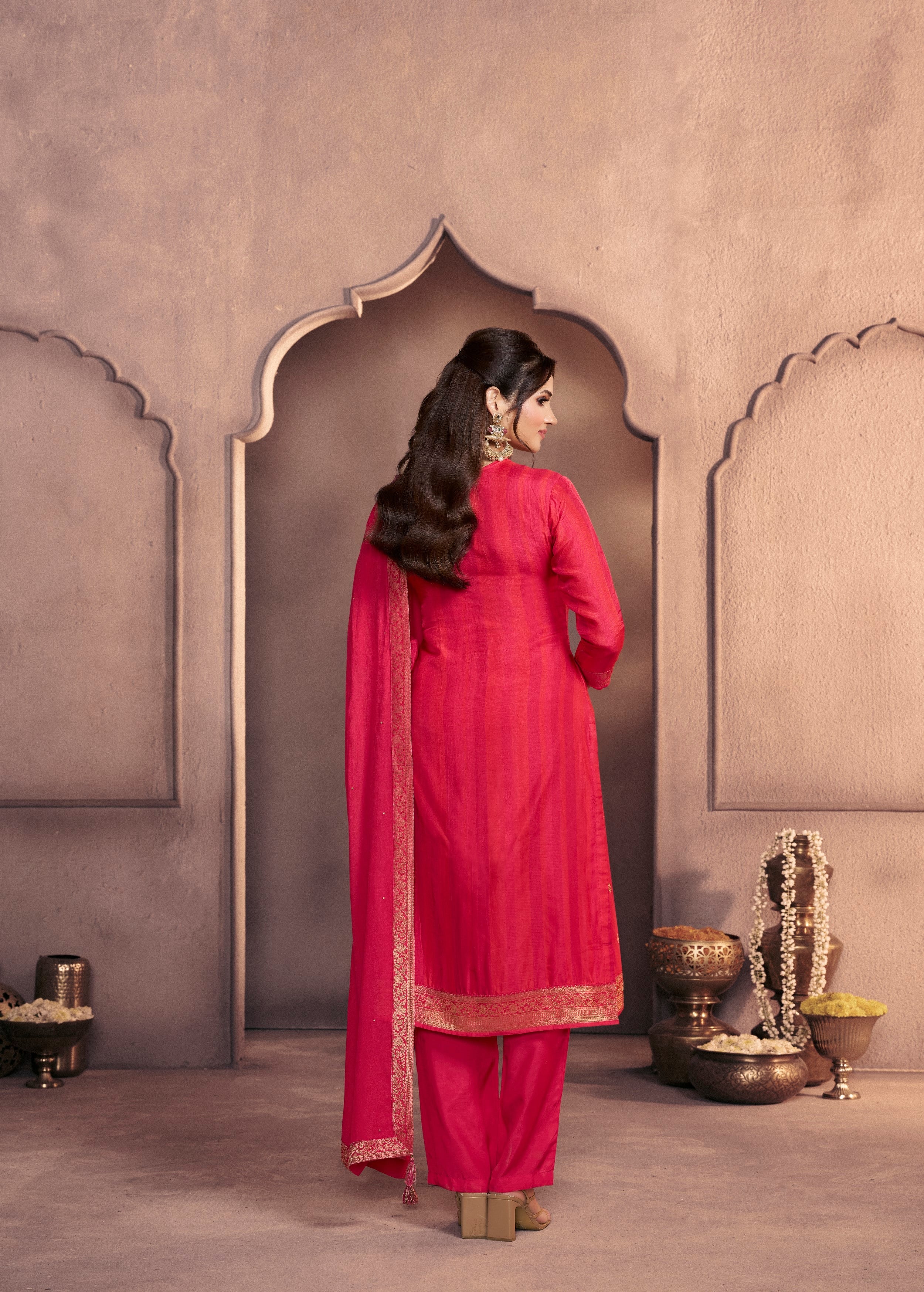 Fuchsia Pink Printed Dola Silk Pant Set