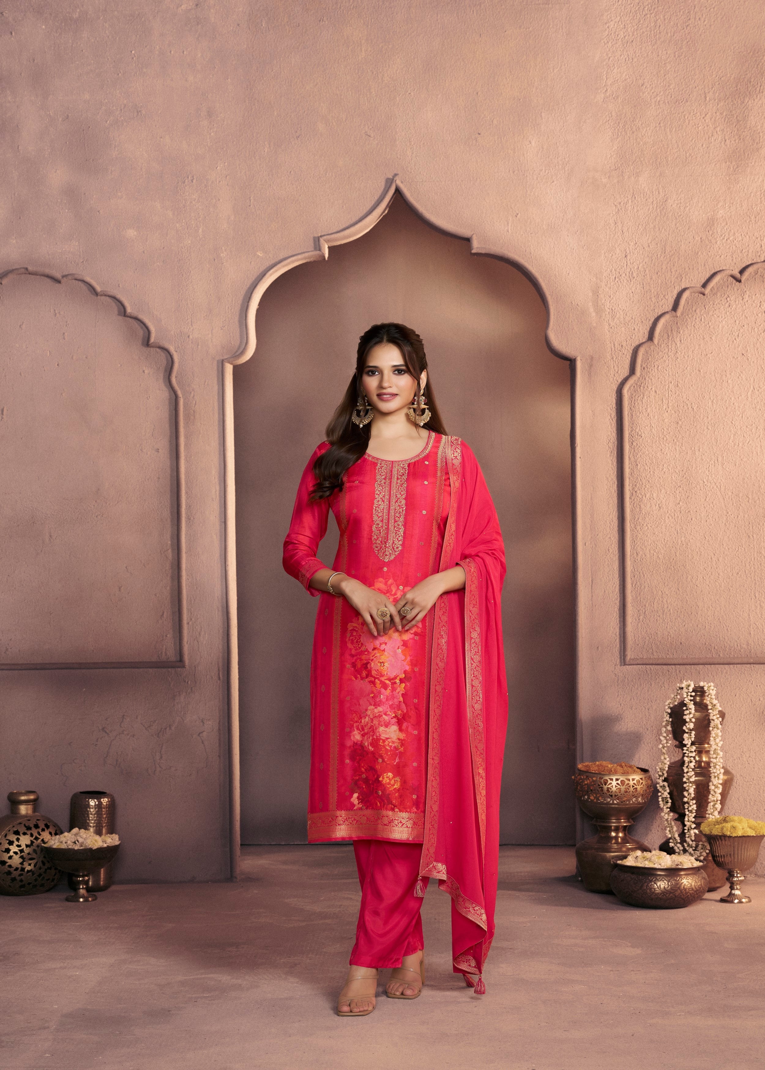 Fuchsia Pink Printed Dola Silk Pant Set