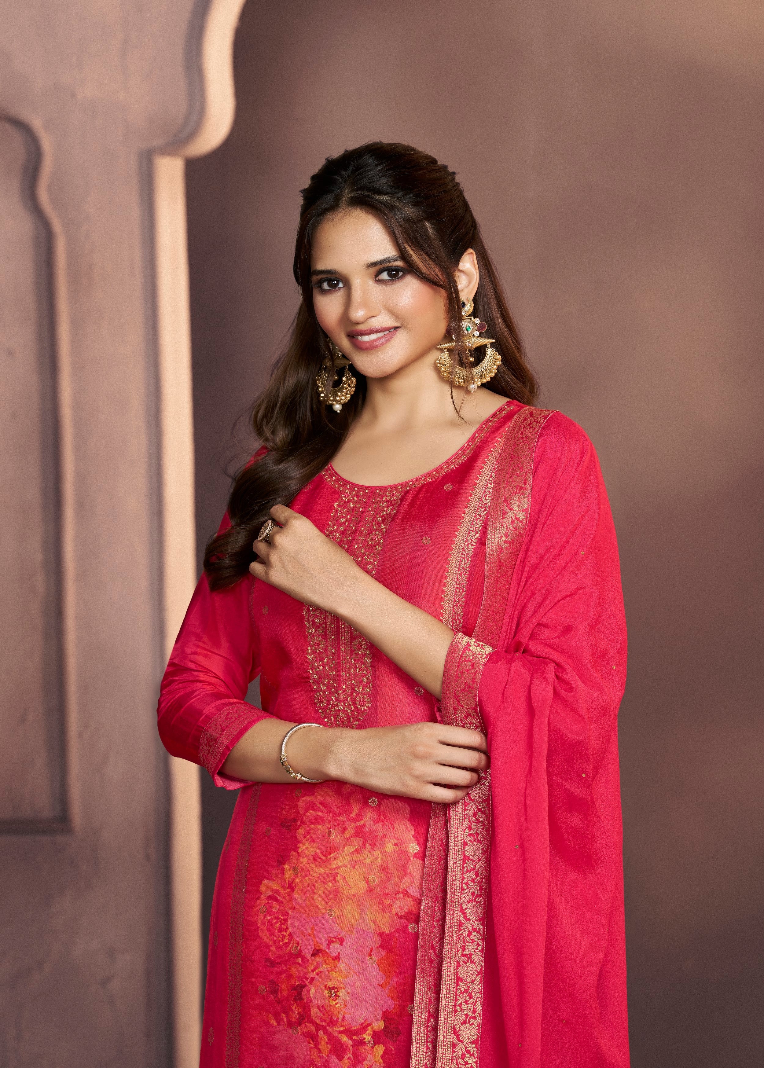 Fuchsia Pink Printed Dola Silk Pant Set