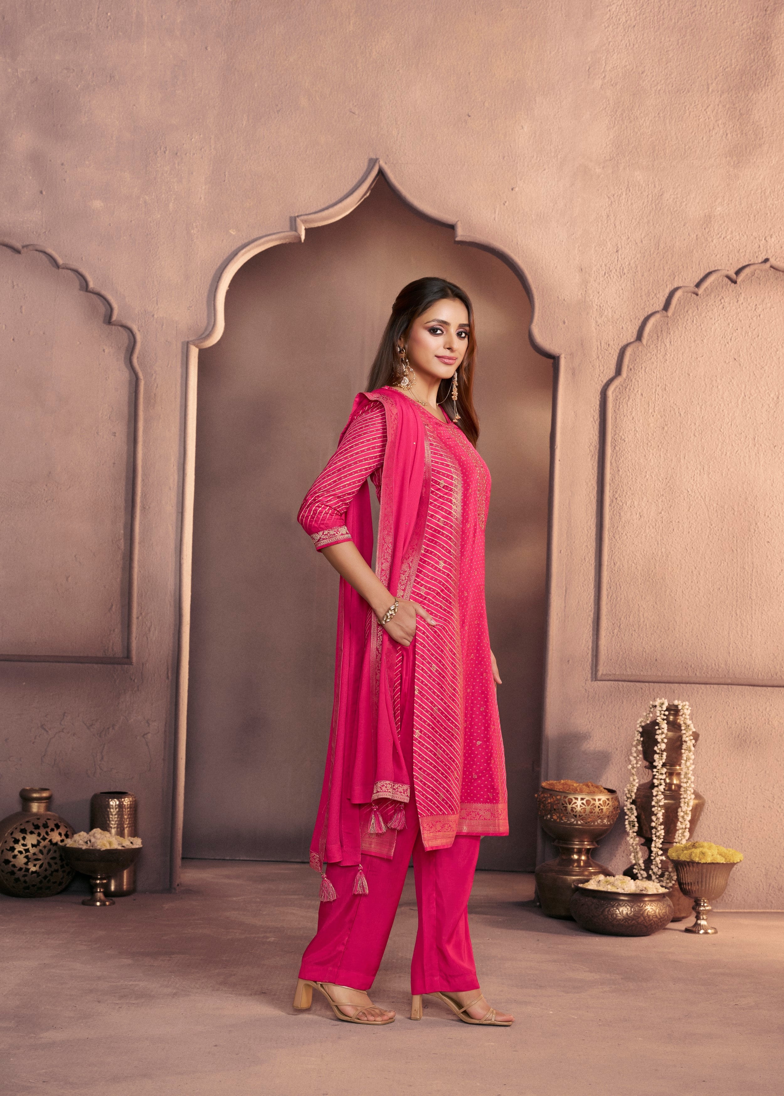 Vibrant Pink Printed Dola Silk Pant Set