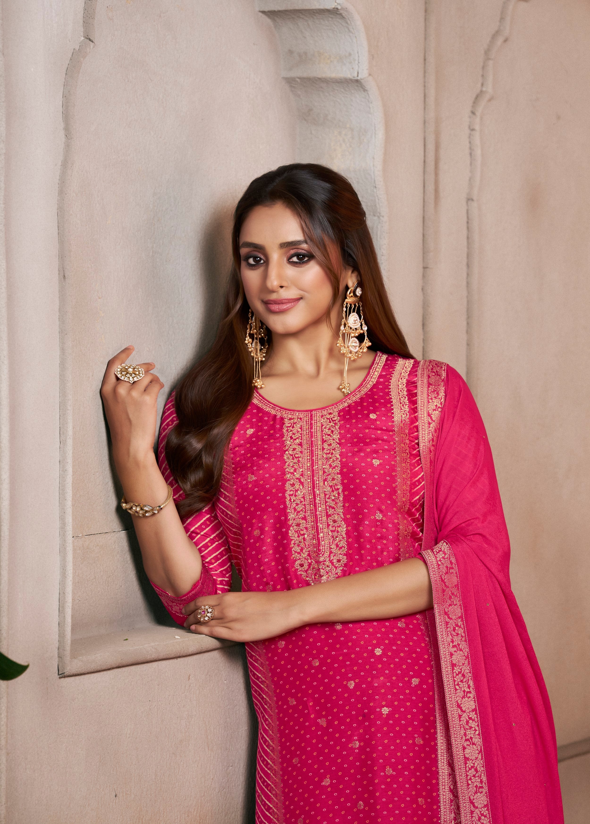 Vibrant Pink Printed Dola Silk Pant Set