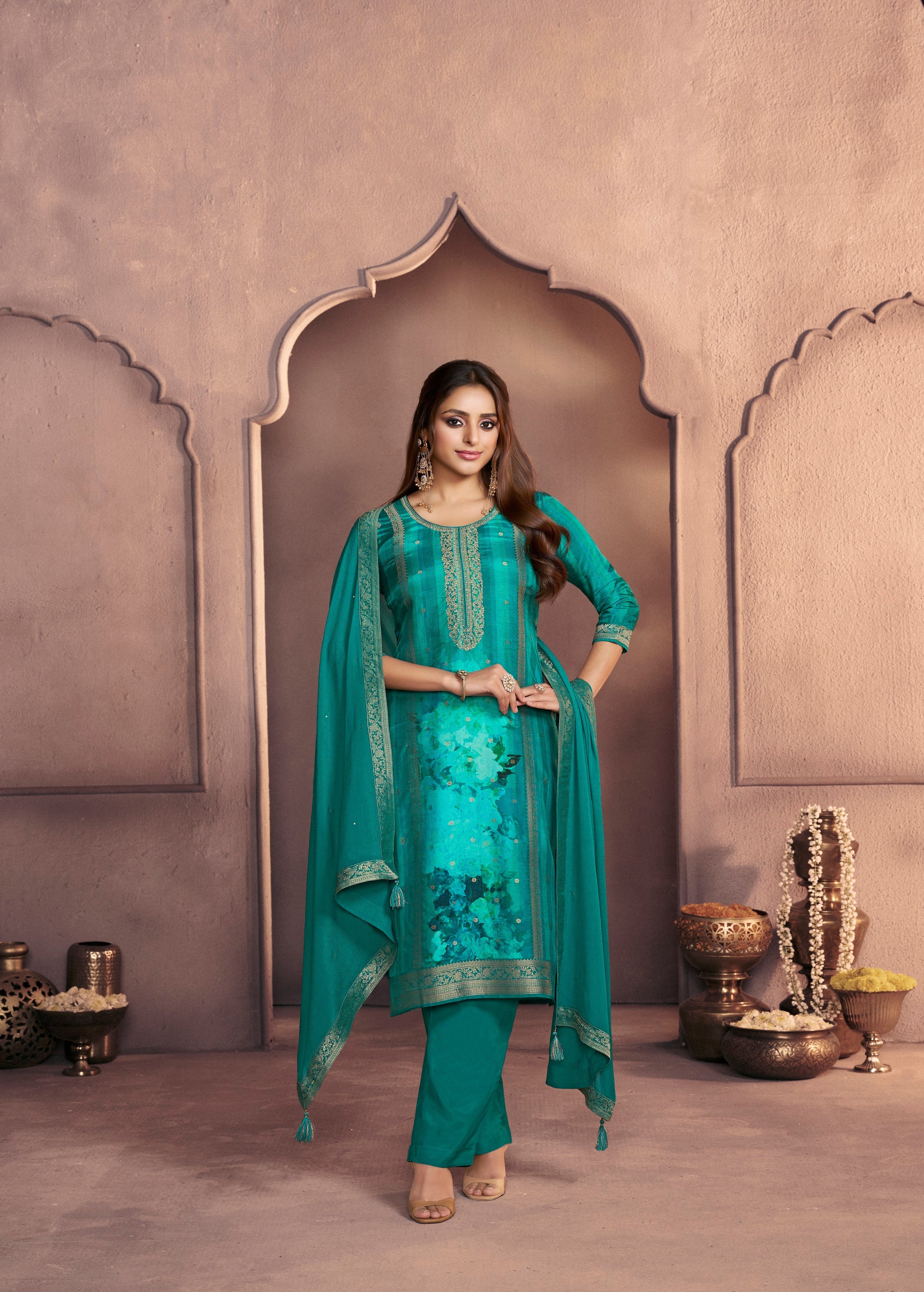 Peacock Green Printed Dola Silk Pant Set