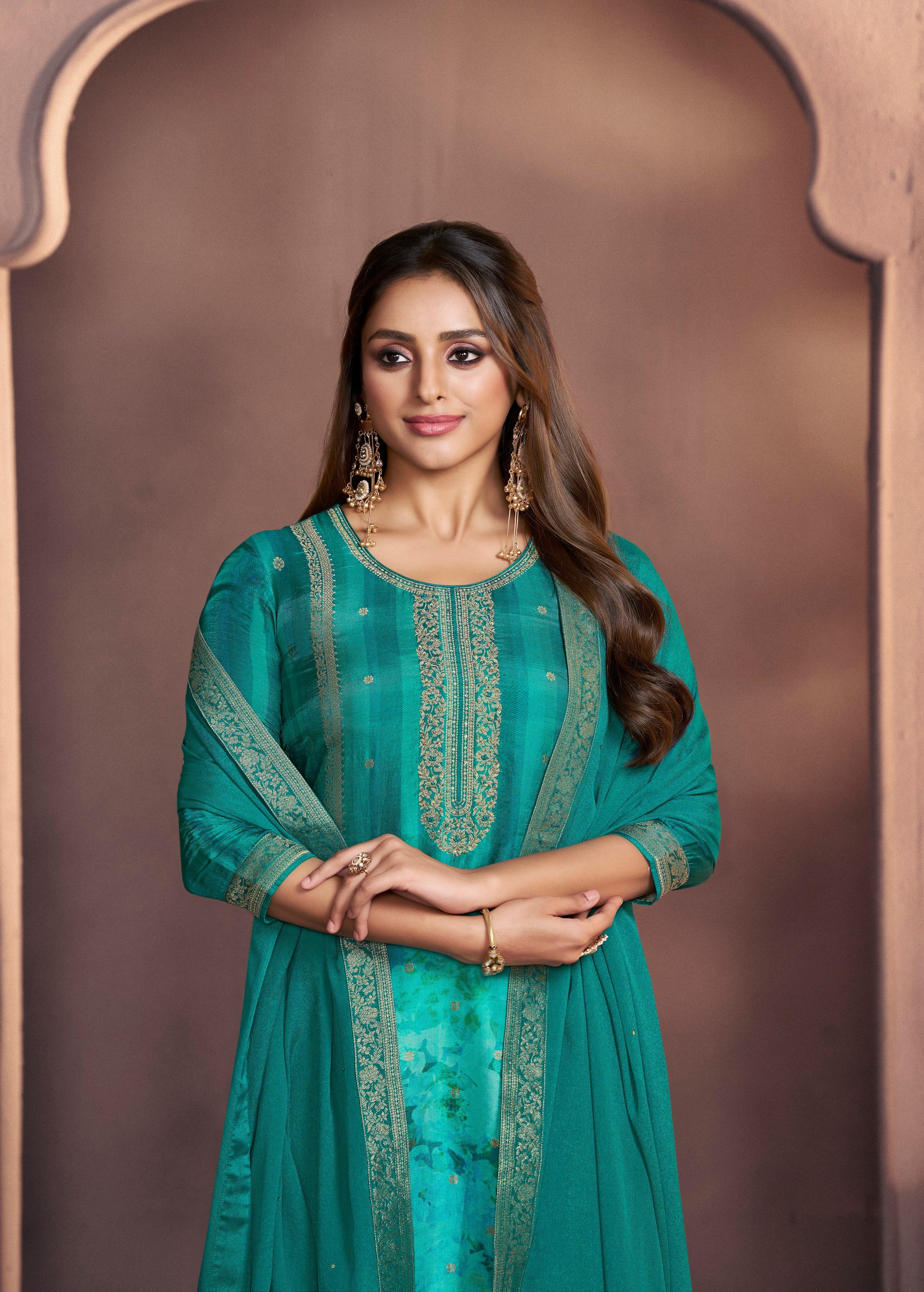 Peacock Green Printed Dola Silk Pant Set