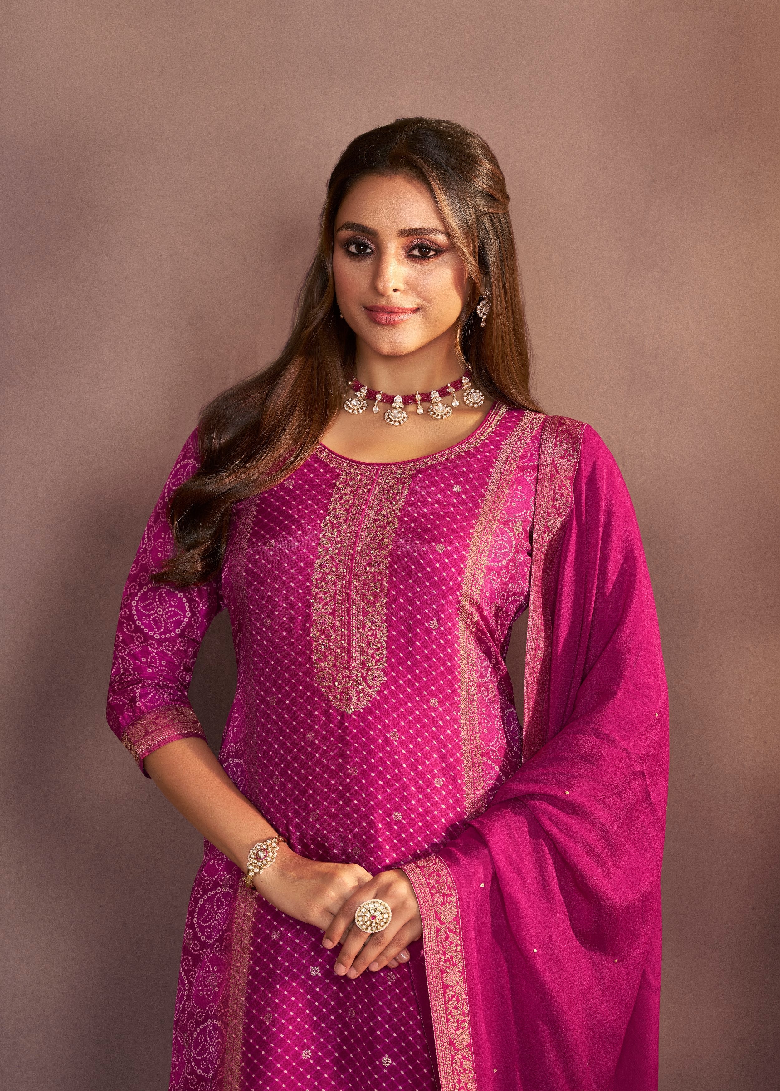 Deep Pink Printed Dola Silk Pant Set