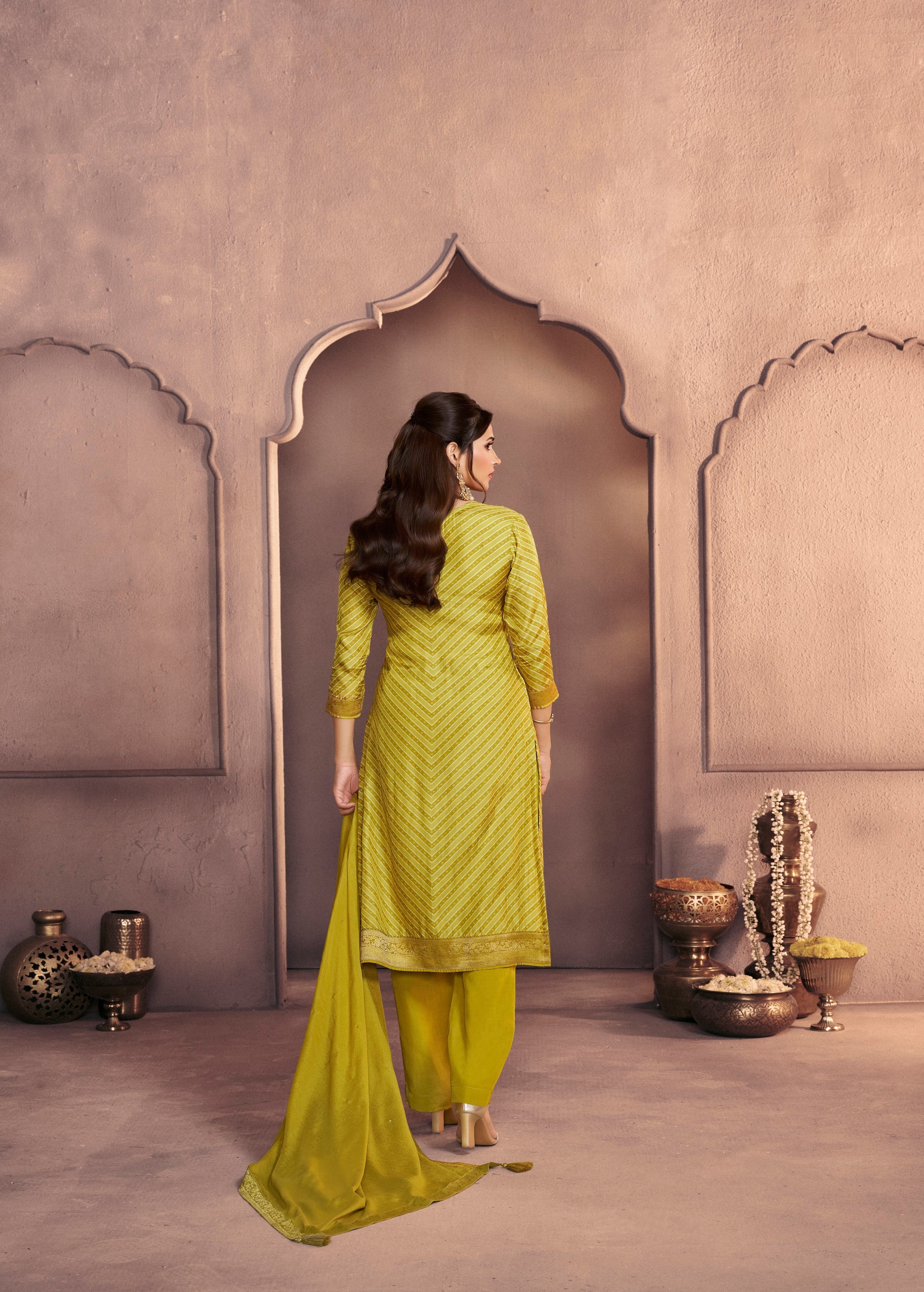 Lime Green Printed Dola Silk Pant Set