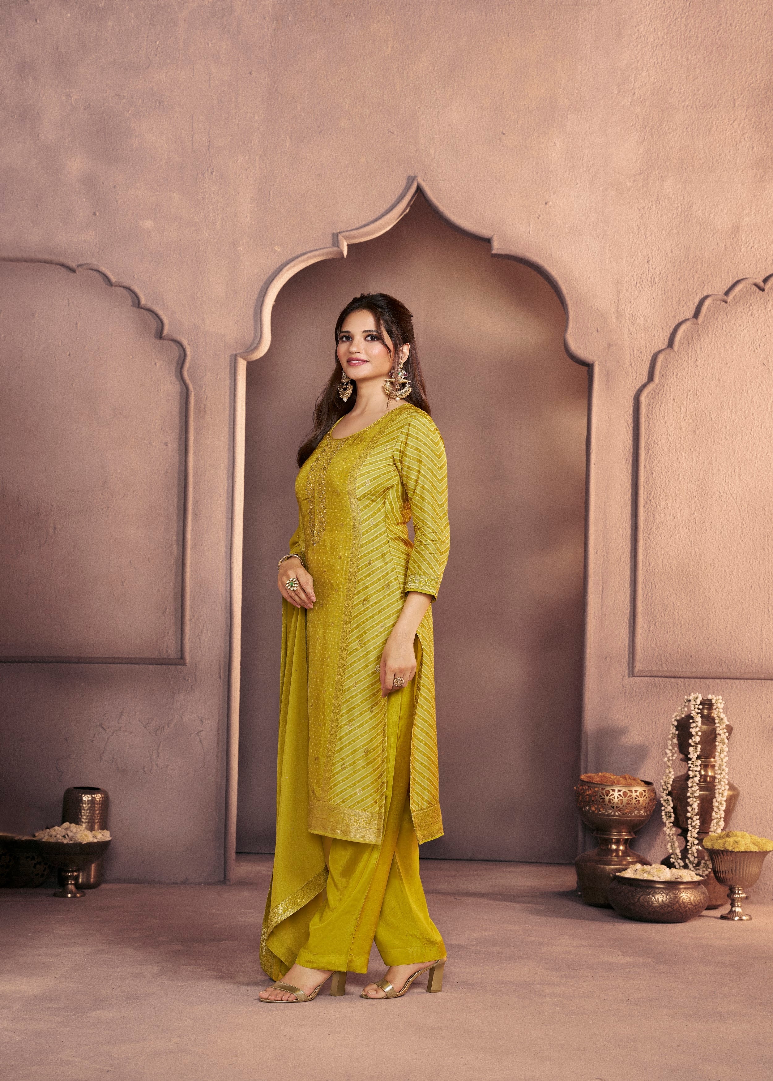 Lime Green Printed Dola Silk Pant Set