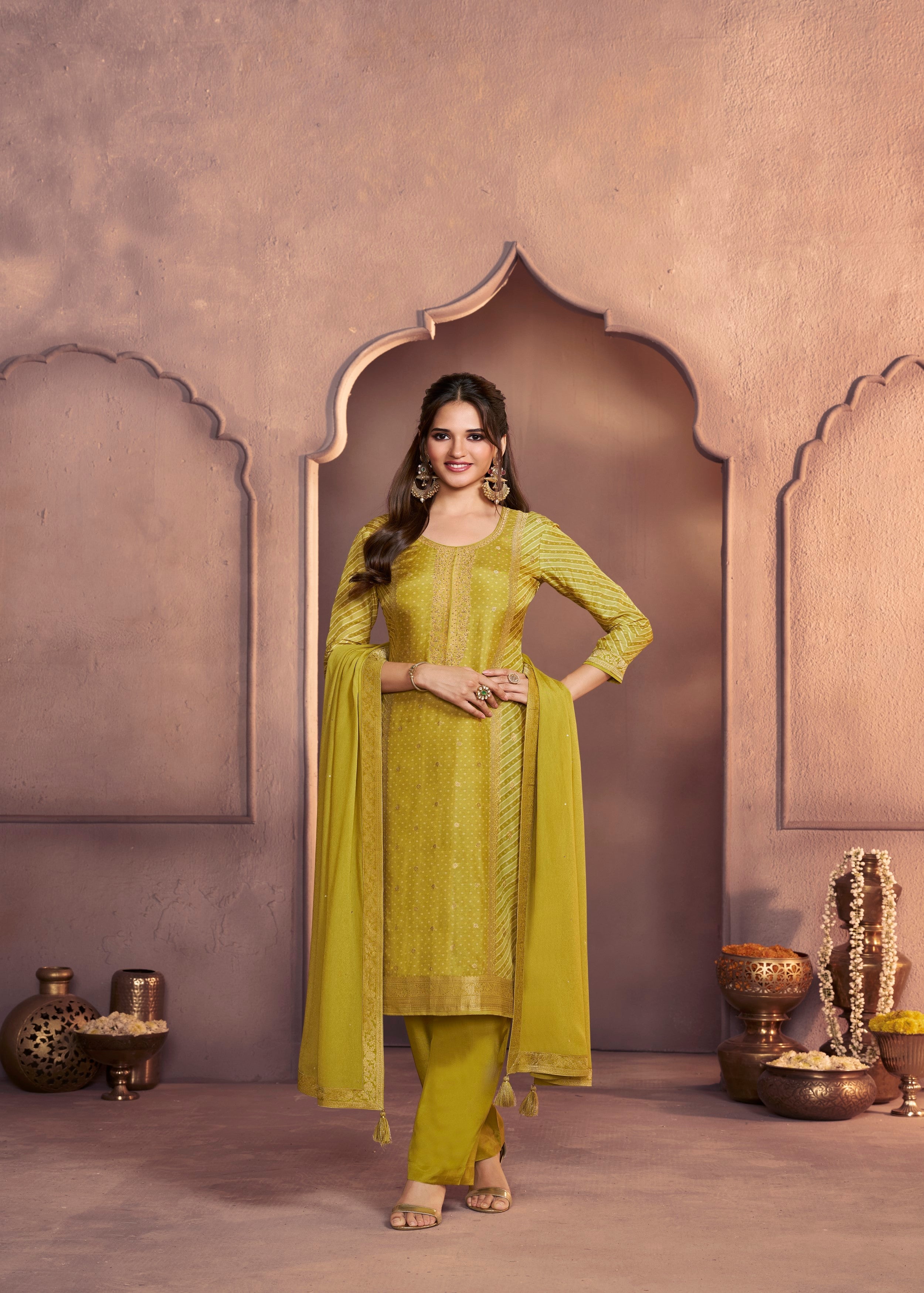 Lime Green Printed Dola Silk Pant Set