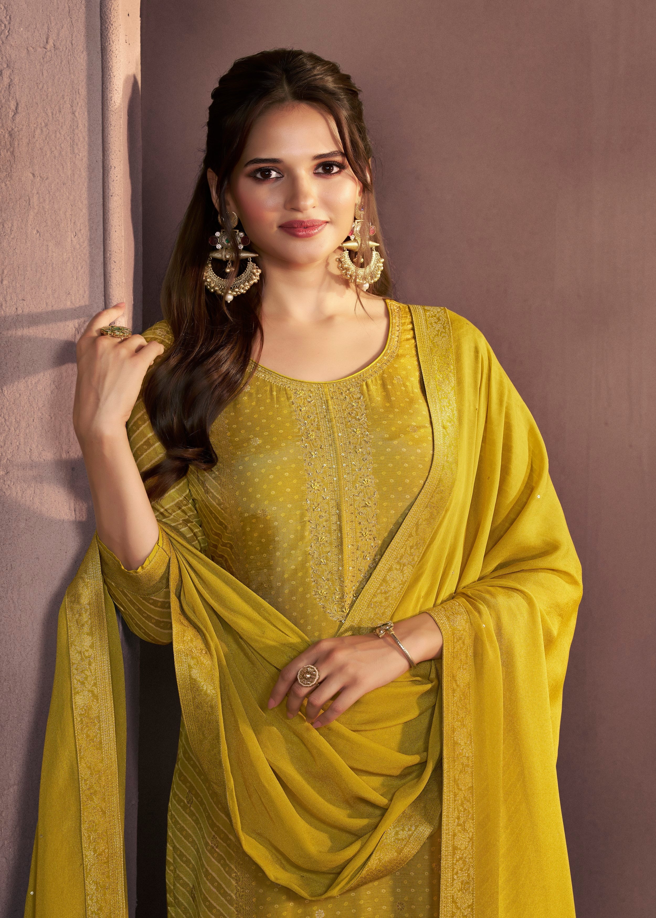 Lime Green Printed Dola Silk Pant Set