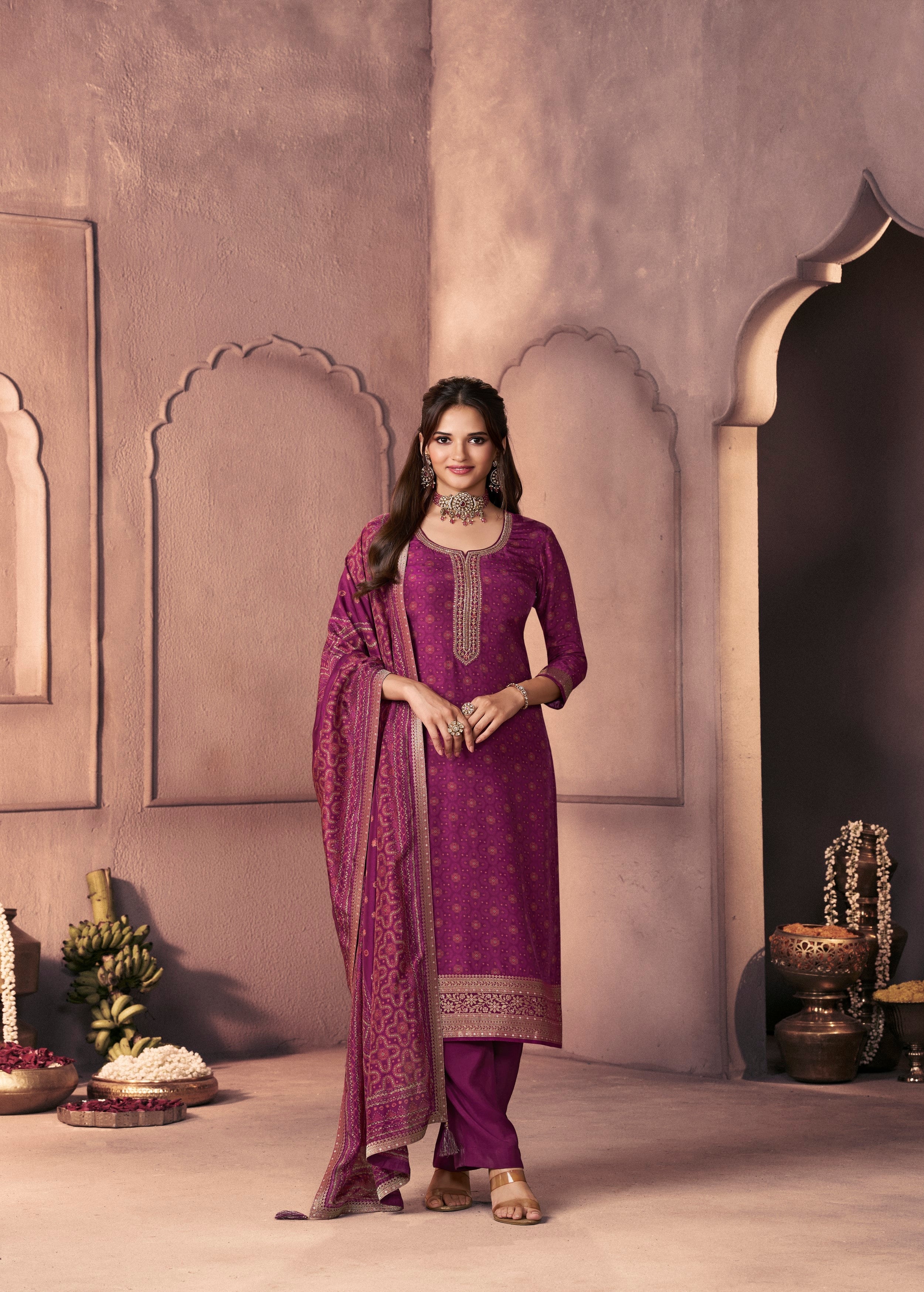 Magenta Purple Printed Dola Silk Pant Set