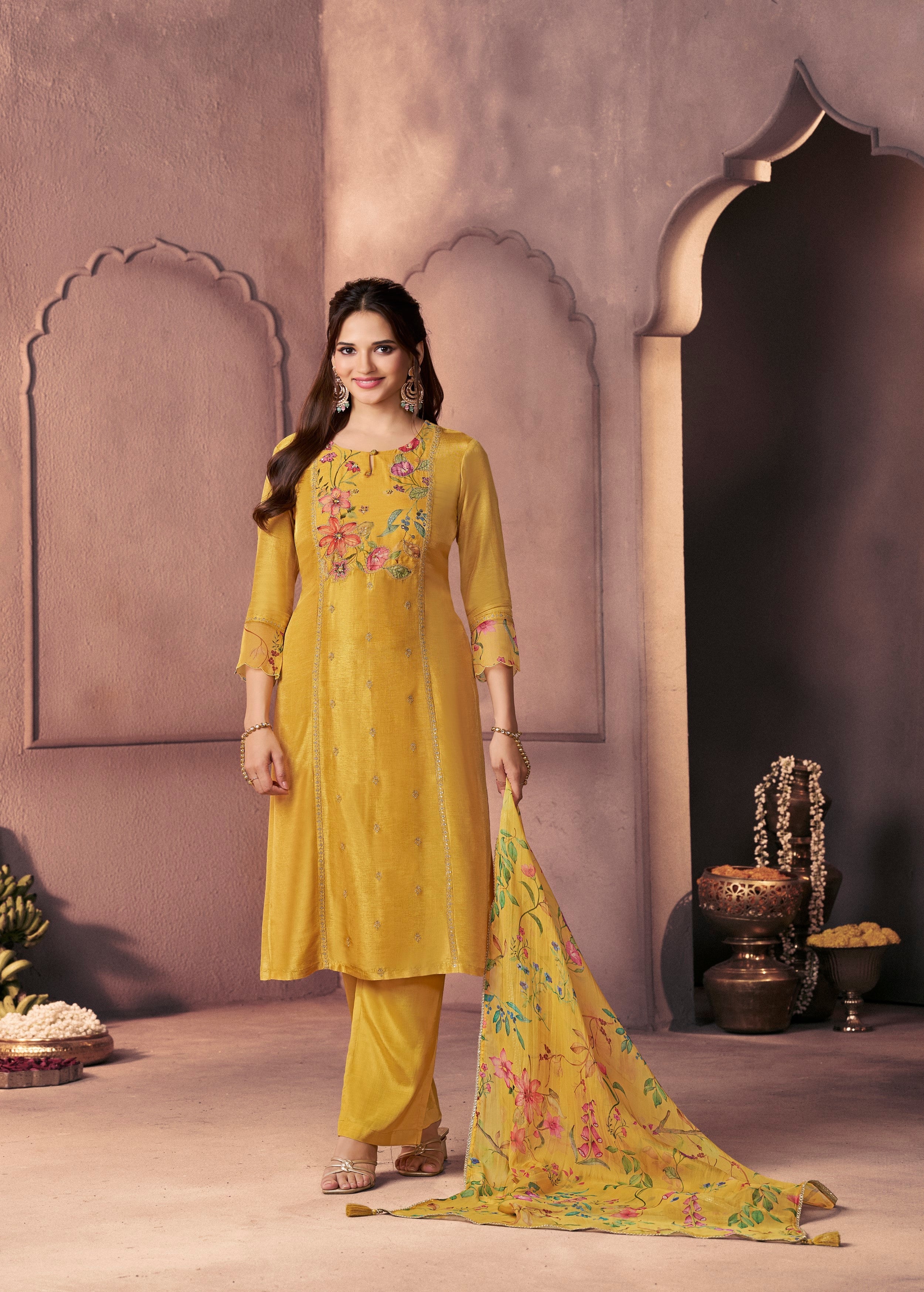 Golden Yellow Printed Dola Silk Pant Set