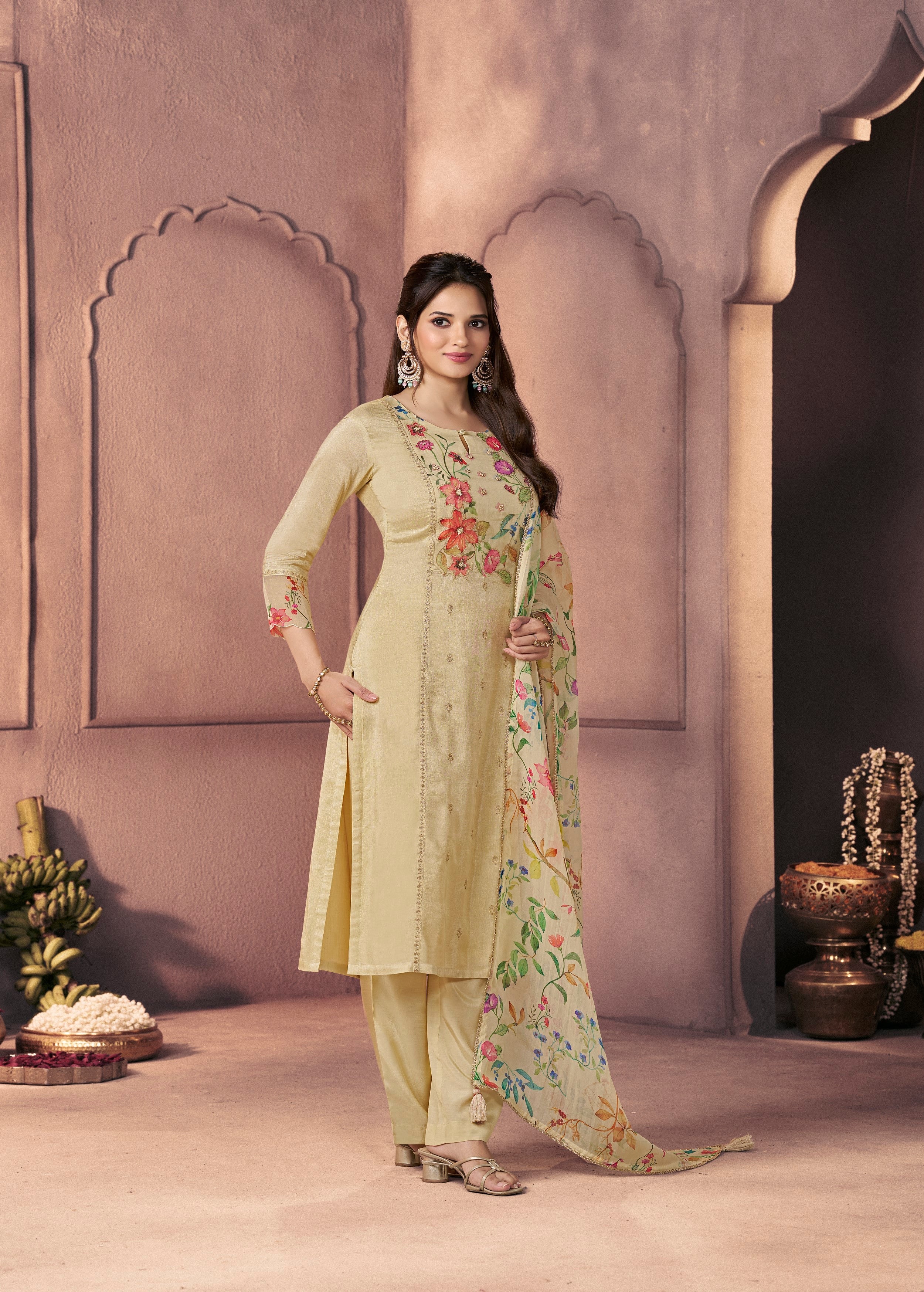 Light Beige Printed Dola Silk Pant Set