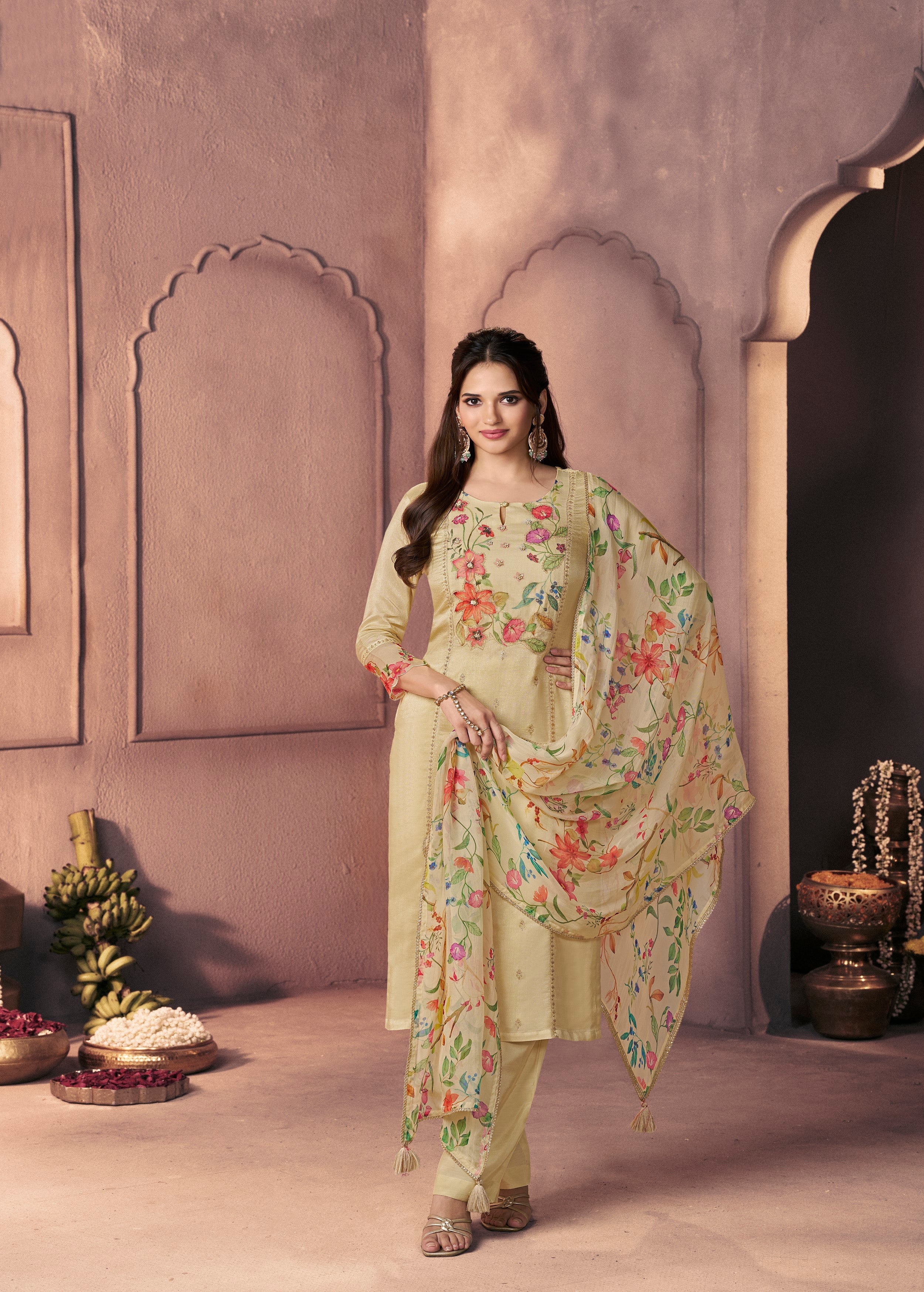 Light Beige Printed Dola Silk Pant Set