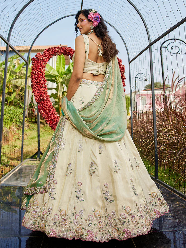 Cream & Green Embellished Shimmer Tissue Silk Lehenga Set