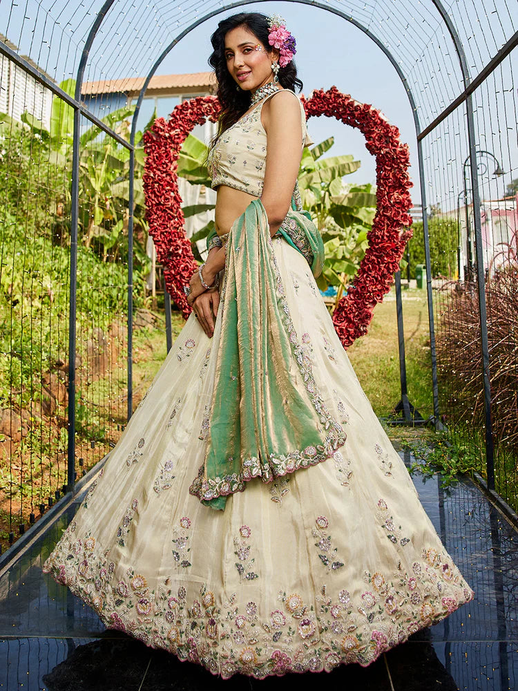 Cream & Green Embellished Shimmer Tissue Silk Lehenga Set