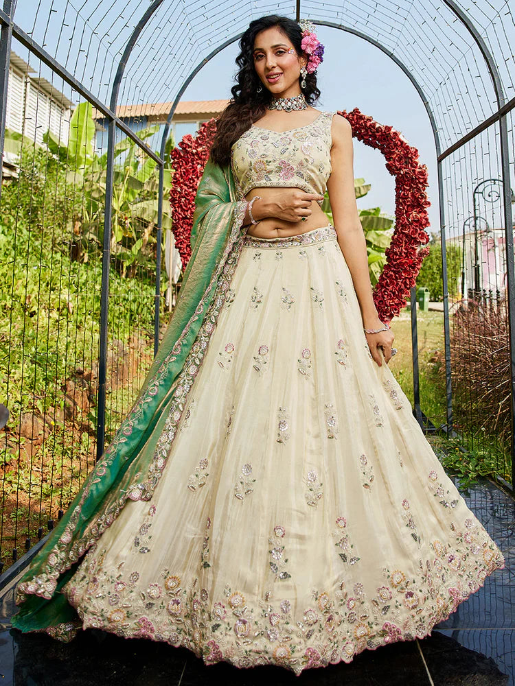 Cream & Green Embellished Shimmer Tissue Silk Lehenga Set