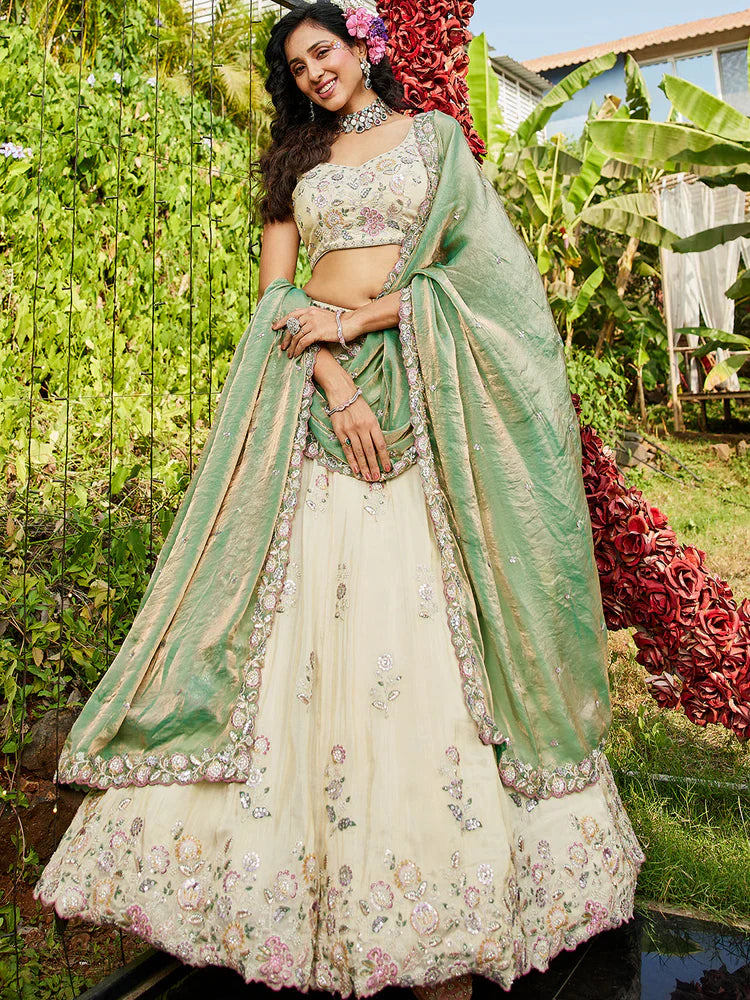 Cream & Green Embellished Shimmer Tissue Silk Lehenga Set