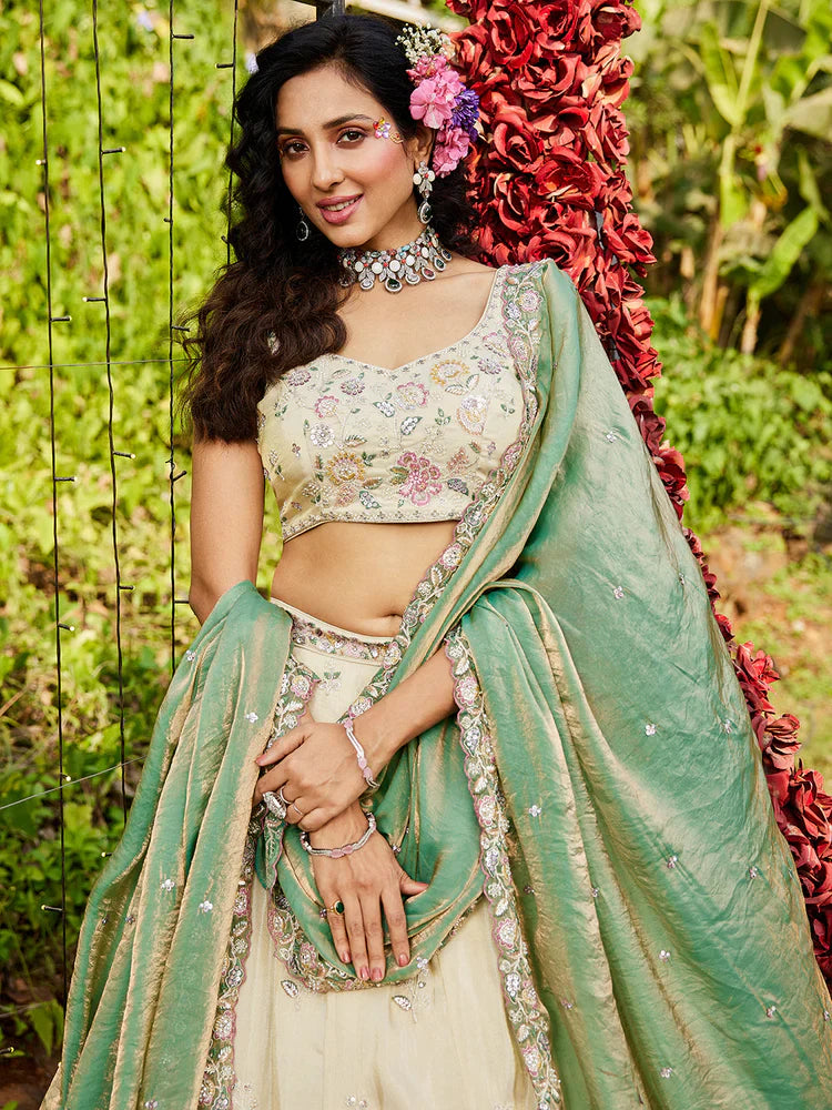 Cream & Green Embellished Shimmer Tissue Silk Lehenga Set