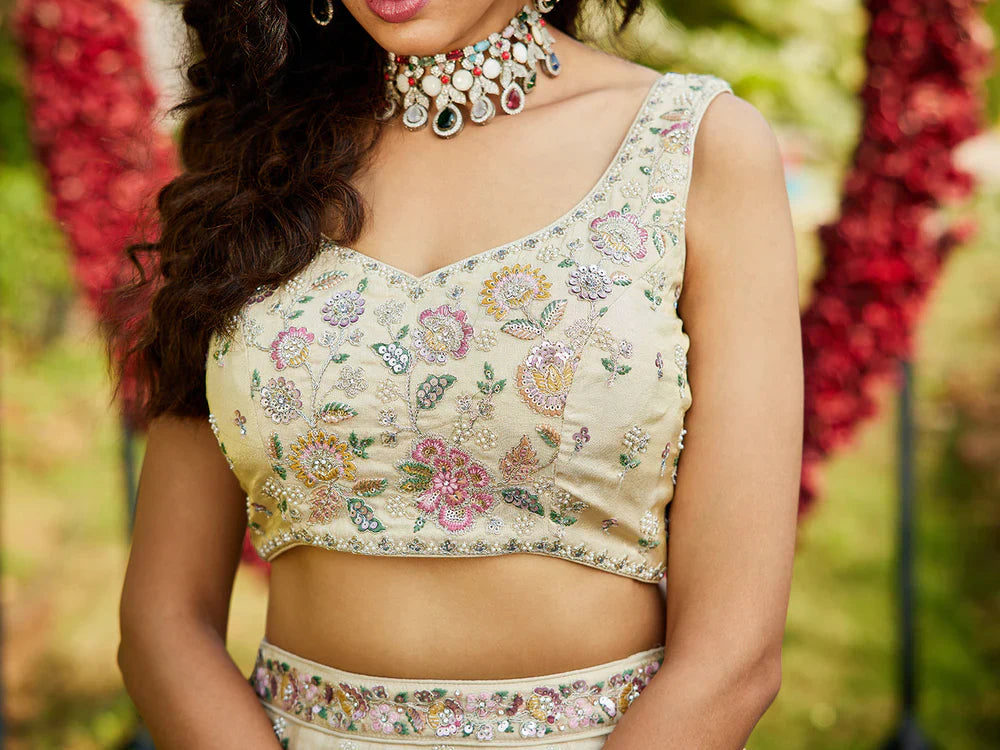 Cream & Green Embellished Shimmer Tissue Silk Lehenga Set