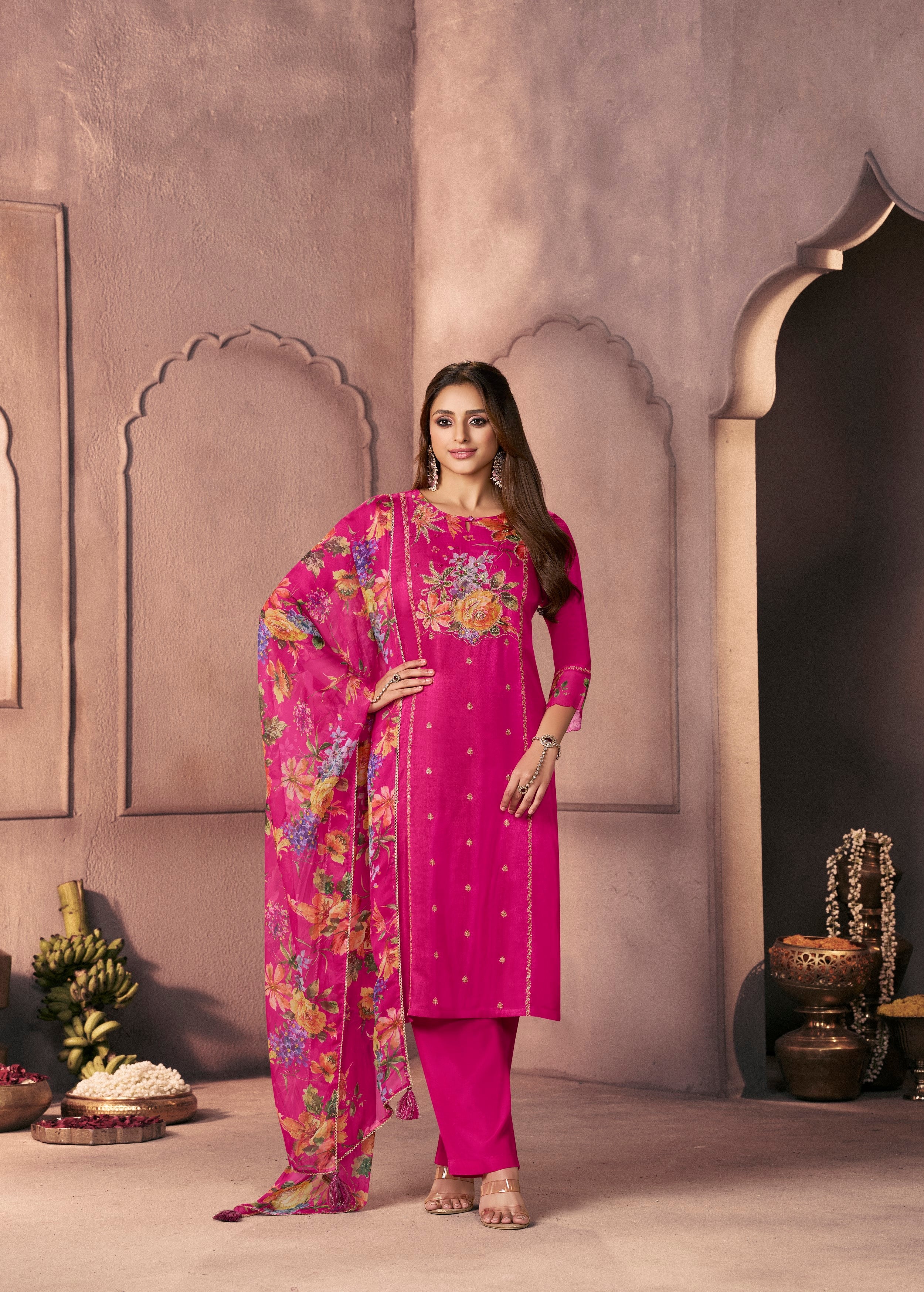 Ruby Pink Printed Dola Silk Pant Set