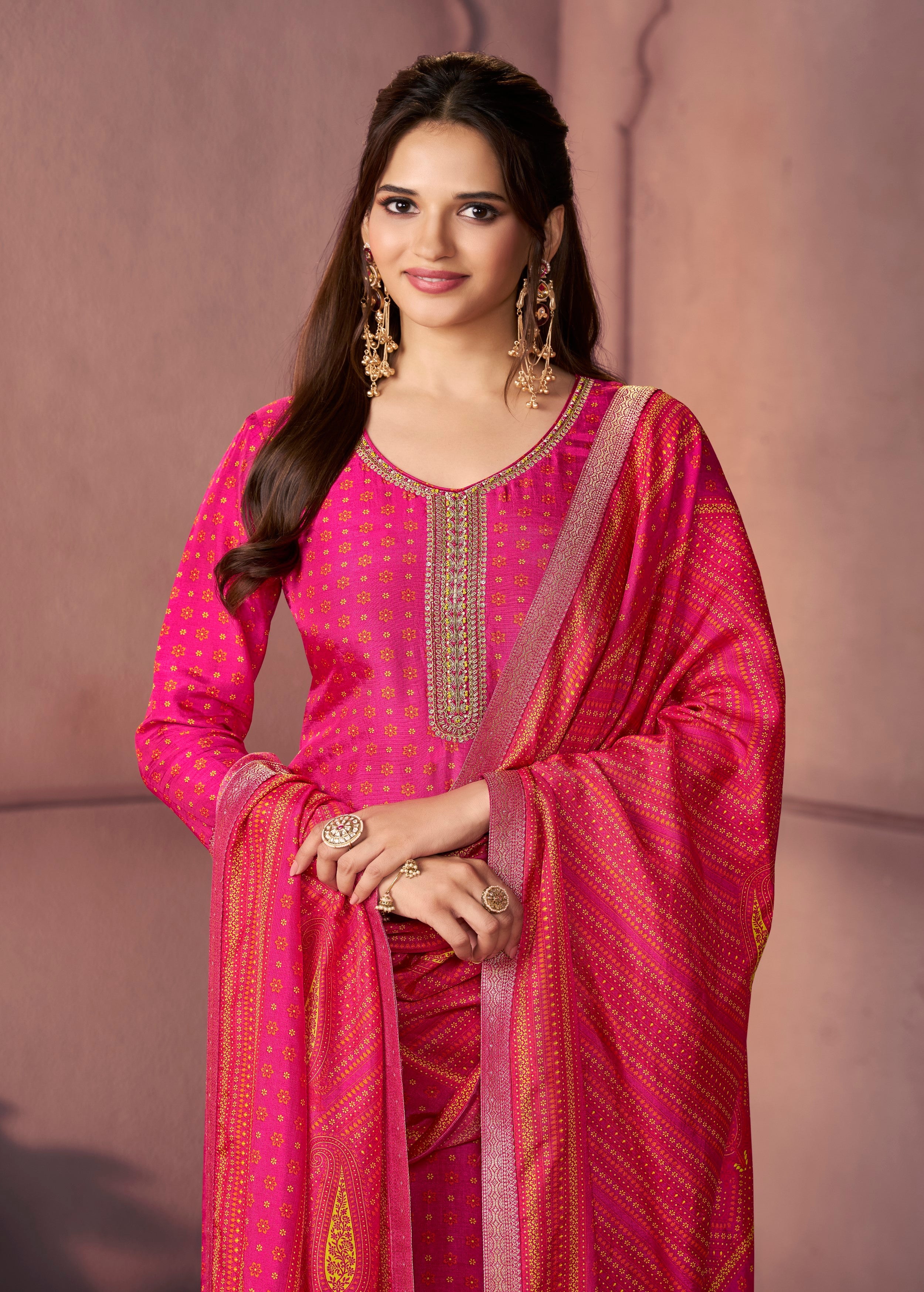 Classic Pink Printed Dola Silk Pant Set