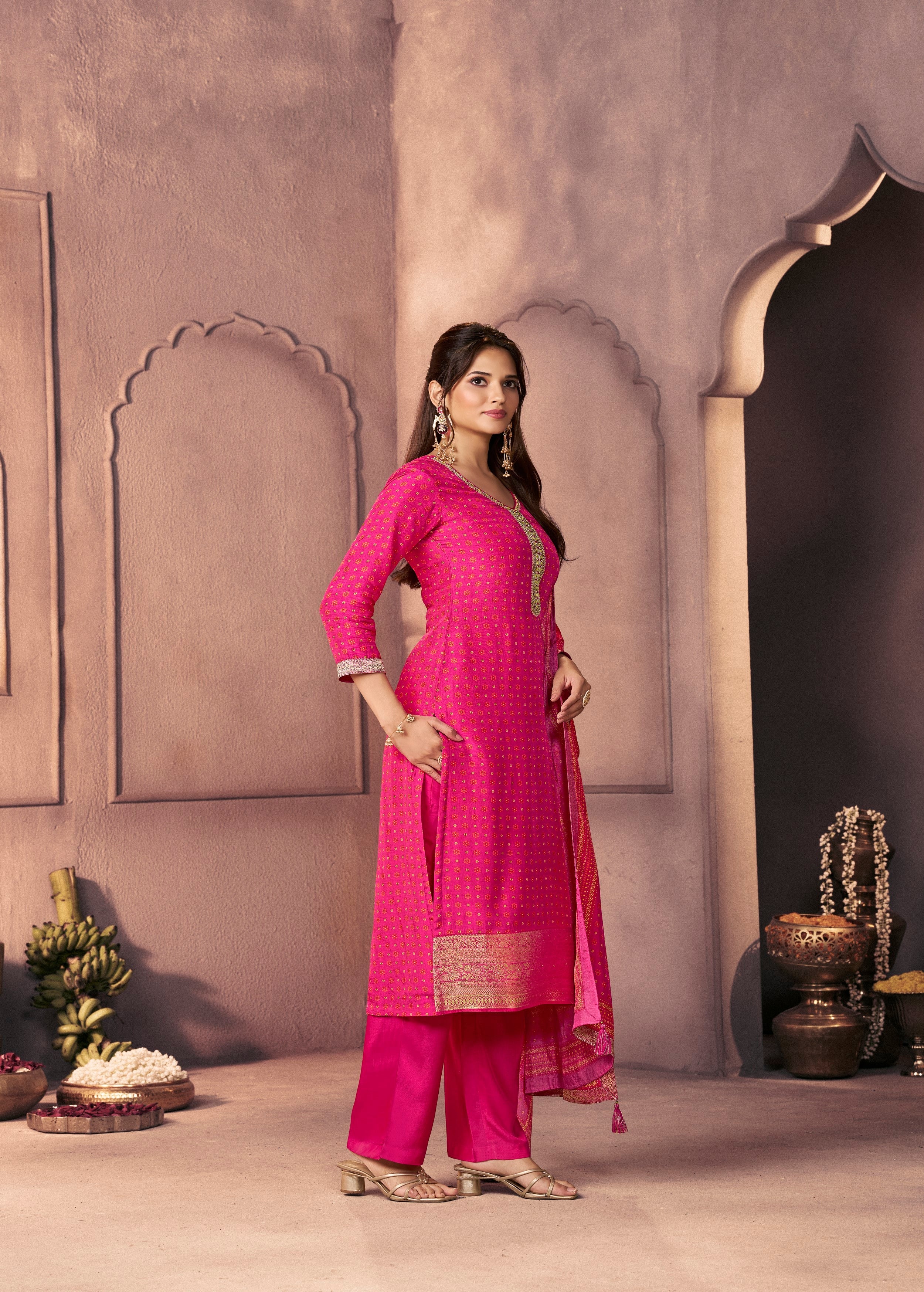 Classic Pink Printed Dola Silk Pant Set