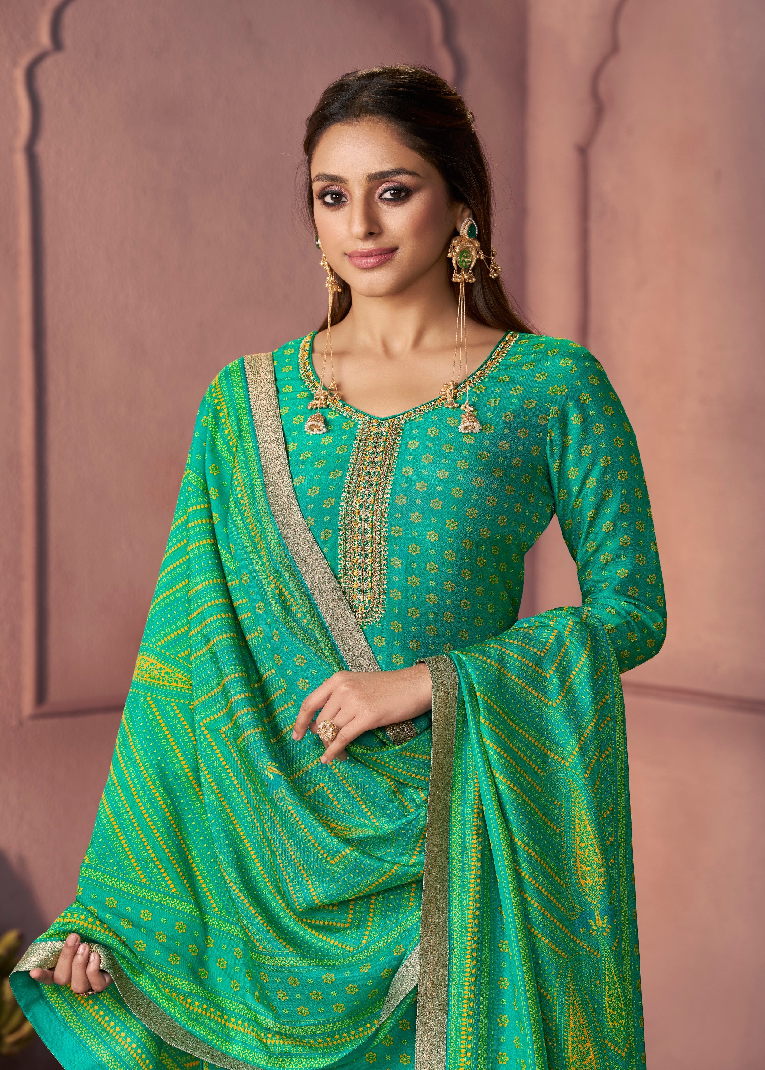 Bright Green Printed Dola Silk Pant Set