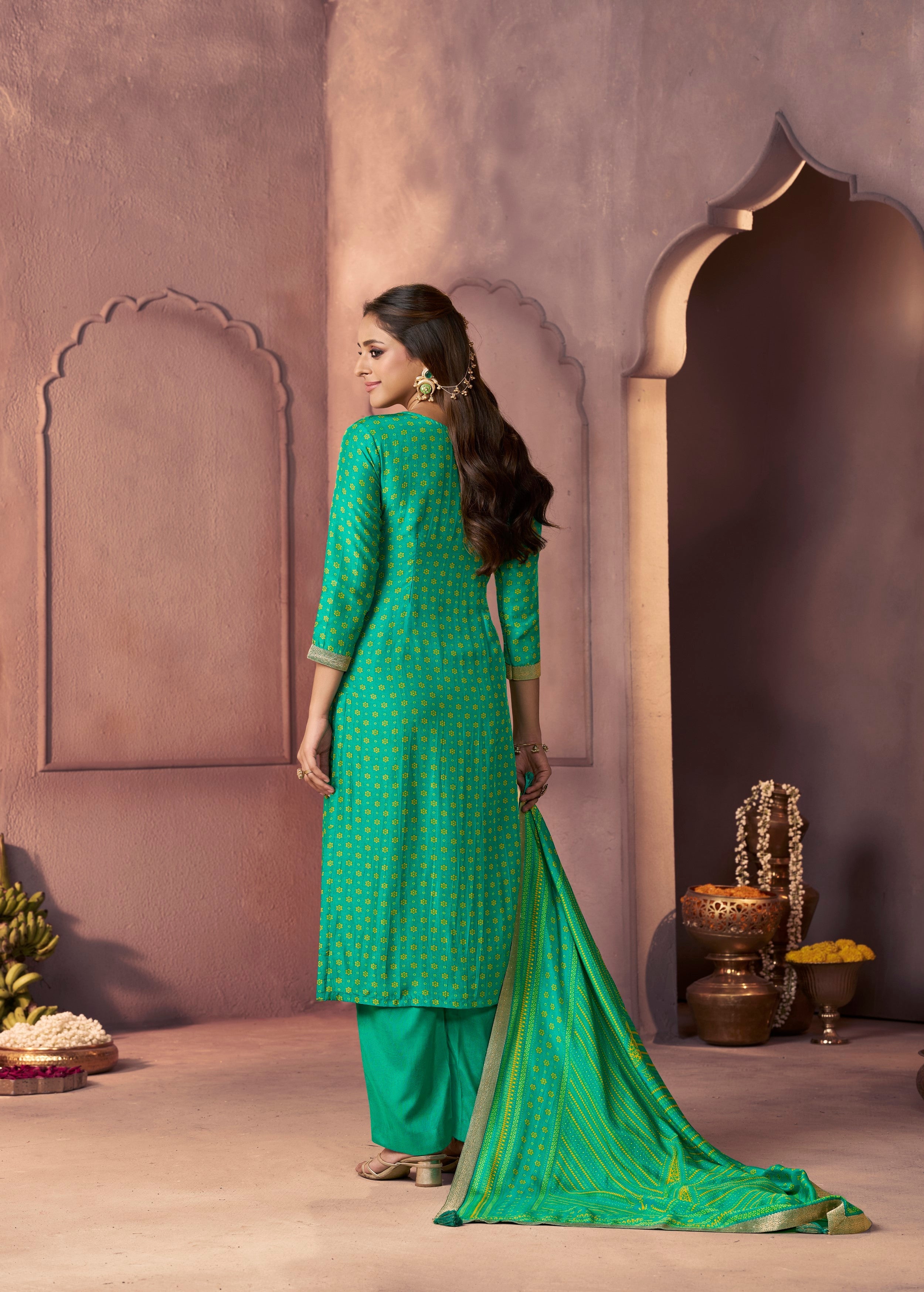 Bright Green Printed Dola Silk Pant Set